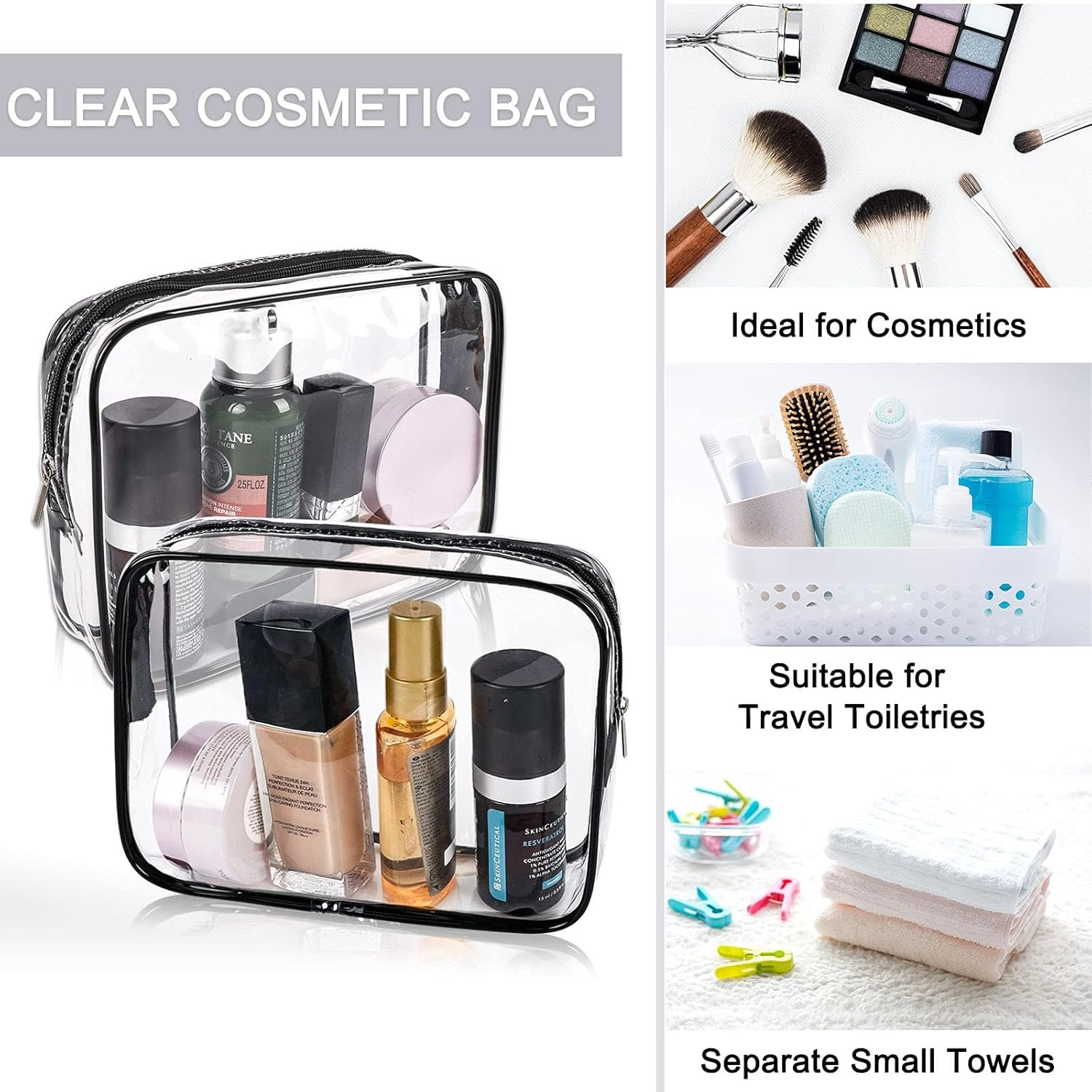 APREUTY Clear Makeup Bags, TSA Approved 3 Pcs Cosmetic Makeup Bags Set Clear PVC with Zipper Handle Portable Travel Luggage Pouch Airport Airline Vacation Organization (Black) image number 1