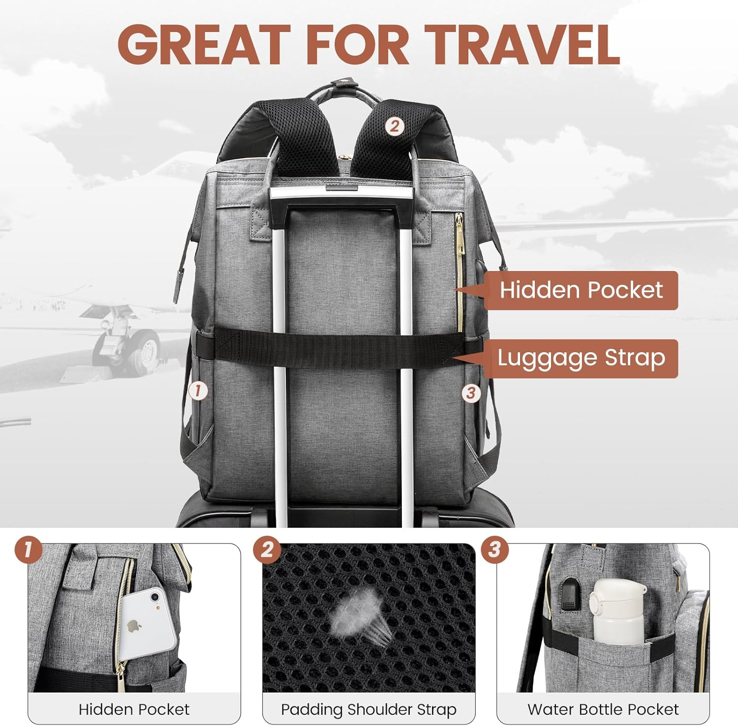 LOVEVOOK Laptop Backpack,15.6 Inch Professional Womens Purse Computer Bag Nurse Teacher Backpack,Waterproof College Work Bags Carry on Travel Back Pack with USB Port,Black - Dark Grey image number 3