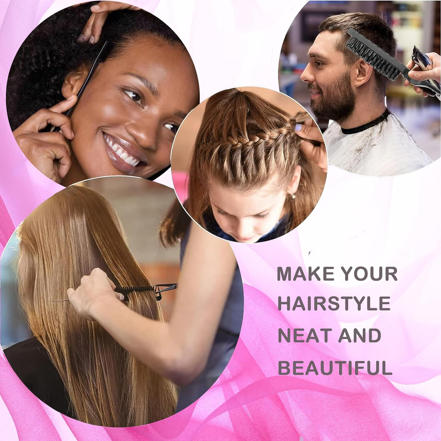 4Pcs Hair Brush, Boar Bristle Slick Back Hair Brushes for Women Men Kids Paddle Detangler Curved Vent Styling Hairbrush for Wet Dry Curly Thick Hair Smoothing Massaging Detangling PINK