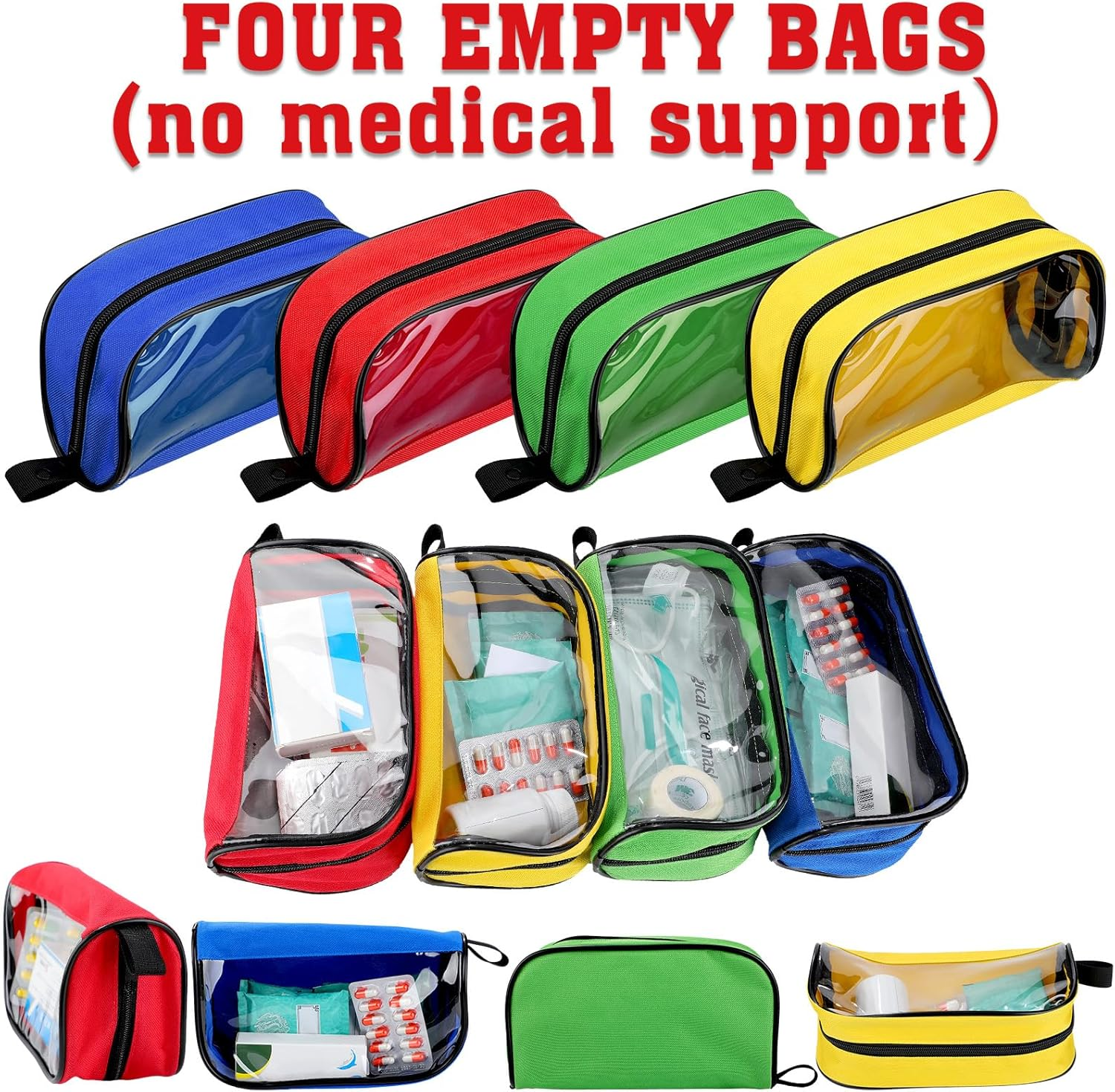 4 Pcs Empty First Aid Bag Color Coded Kit Accessory Pouches Zippered Organizer Storage Pouch Case with Transparent Window for Medical Supplies Travel, 4 Colors image number 3