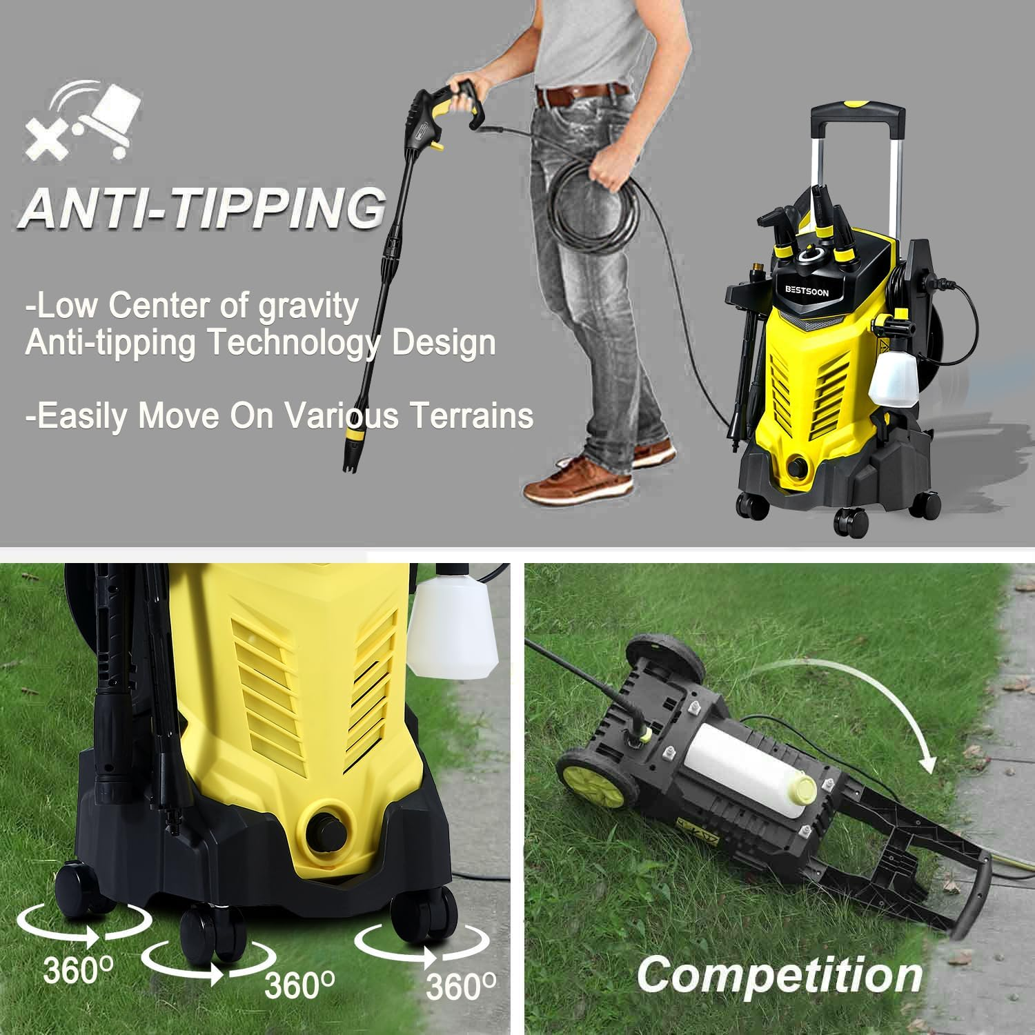 3800PSI High Electric Pressure Washer Power Washer with 360&deg; Spinner Wheels 2400W High Power 260Bar Jet Cleaner Sprayer Detergent Bottle Turbo Nozzle image number 6