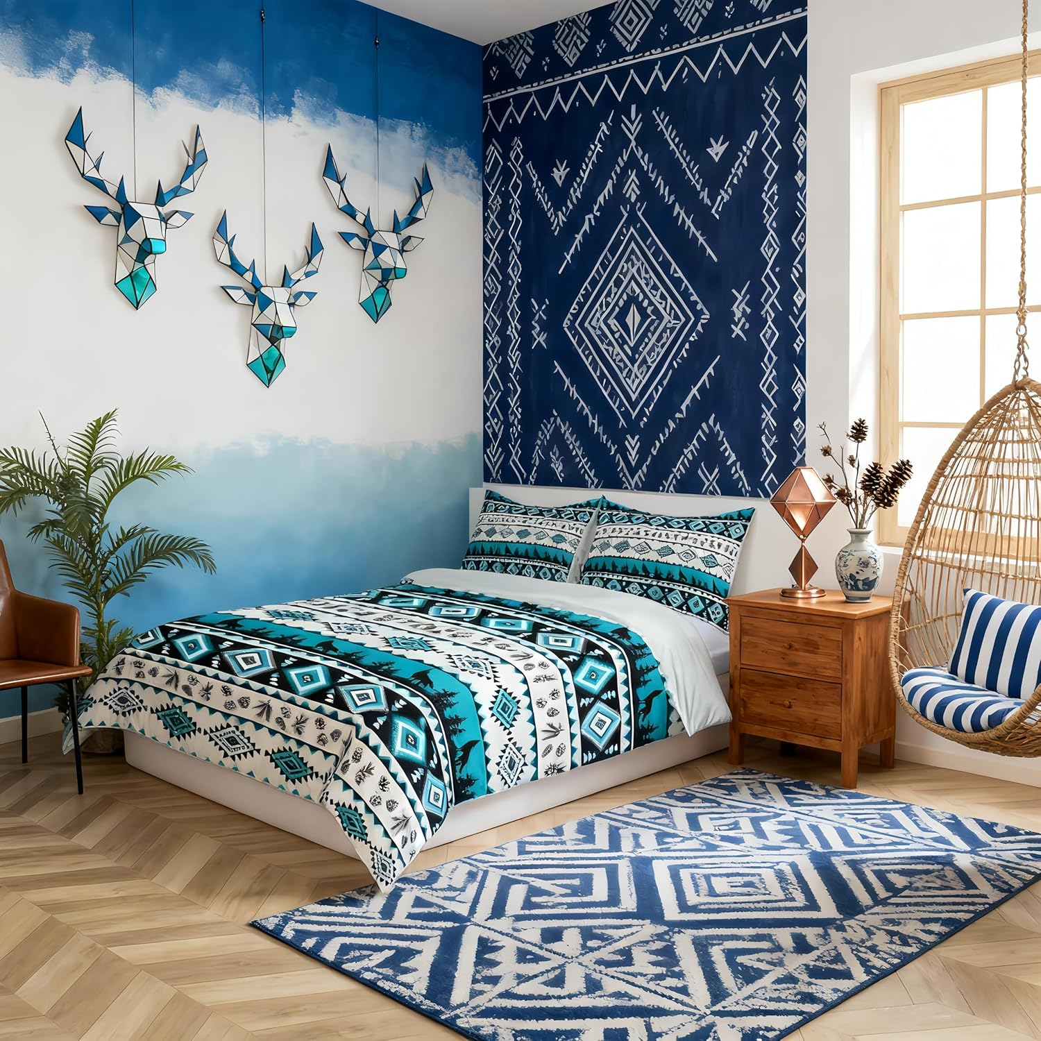 Manfei Aztec Geometric Kids Duvet Cover Set Queen Size,Southwest Tribal Ethnic Bedding Set,Wolf Rustic Cabin Girls Boys Room Decor,Beige Retro,2 Pillowcases(No Comforter)