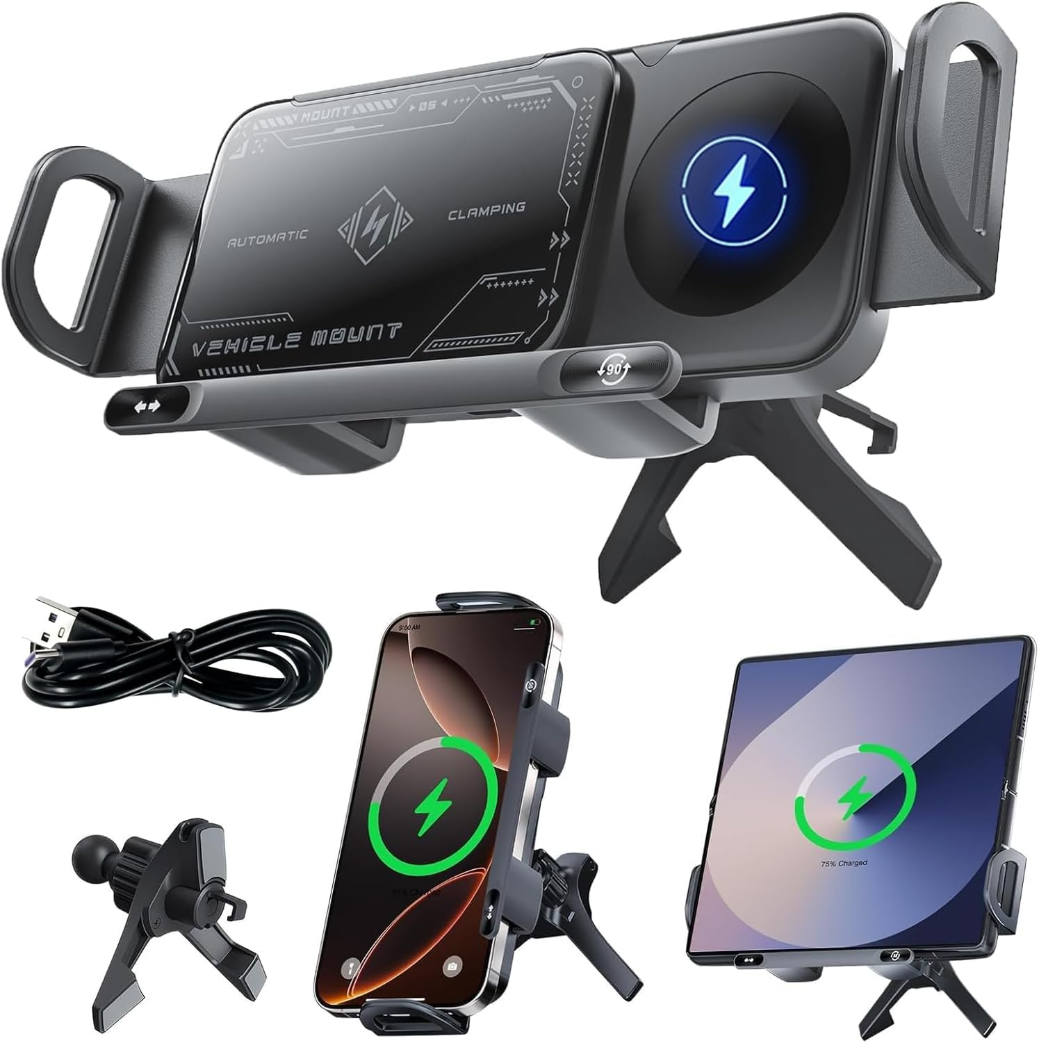 UOEPOWA Car Mount Charger, Quick Charging with Dual Coil, Smart Sensor Clamp, Stable Shock-Resistant Grip, 90 Degree Rotation for Car Vent Stable on Bumpy Roads or Highway Rides (Style 1) image number 2