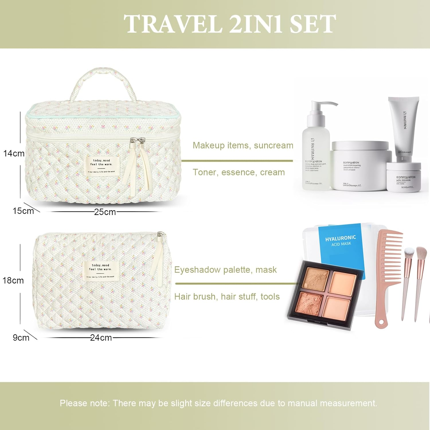 FYL 2Pcs Quilted Makeup Bag, Travel Makeup Bag, Floral Coquette Large Make up Bags (Classic Floral 2Pcs) image number 3