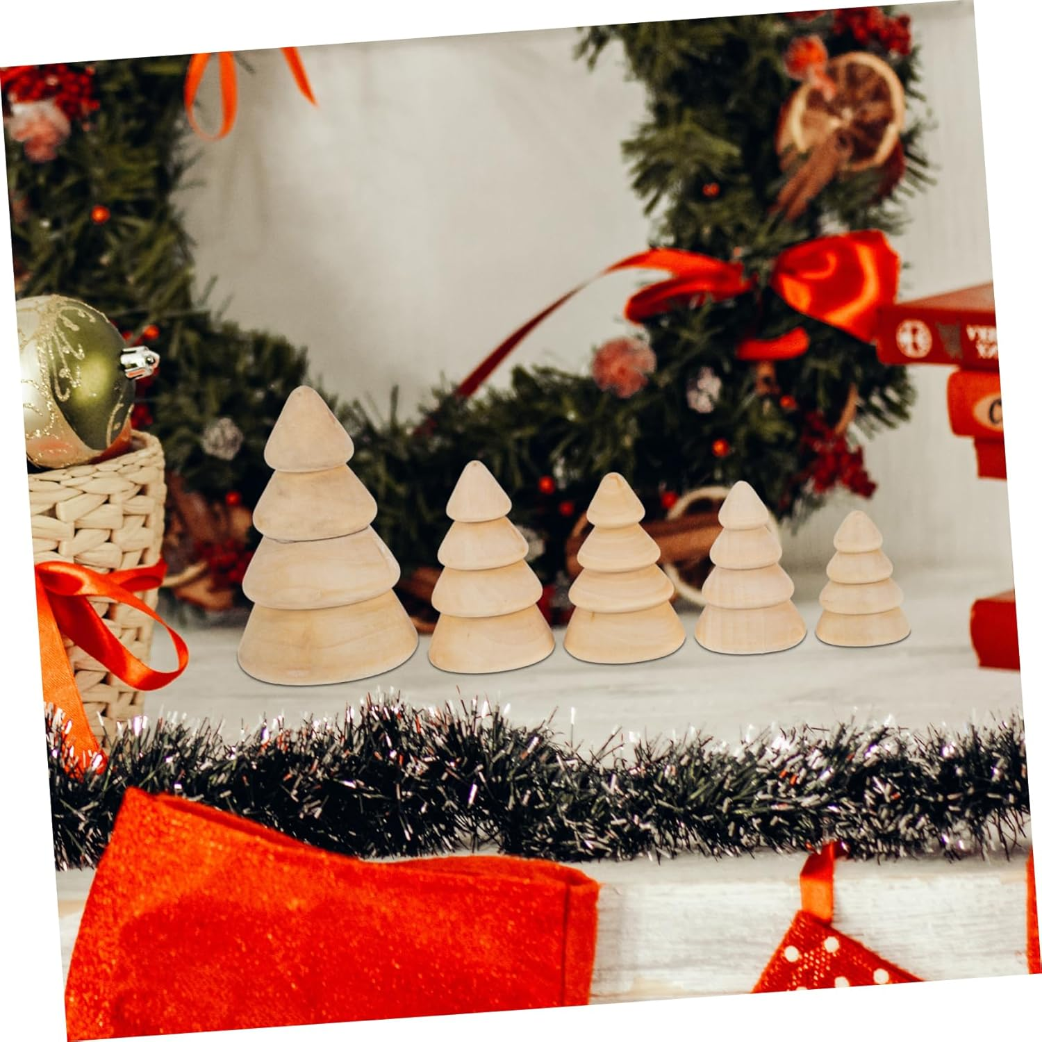 Wooden DIY Christmas Tree Decor Set 5Pcs Large Natural Xmas Tree Ornaments Festival Desktop Decoration for Holiday Home Display image number 5