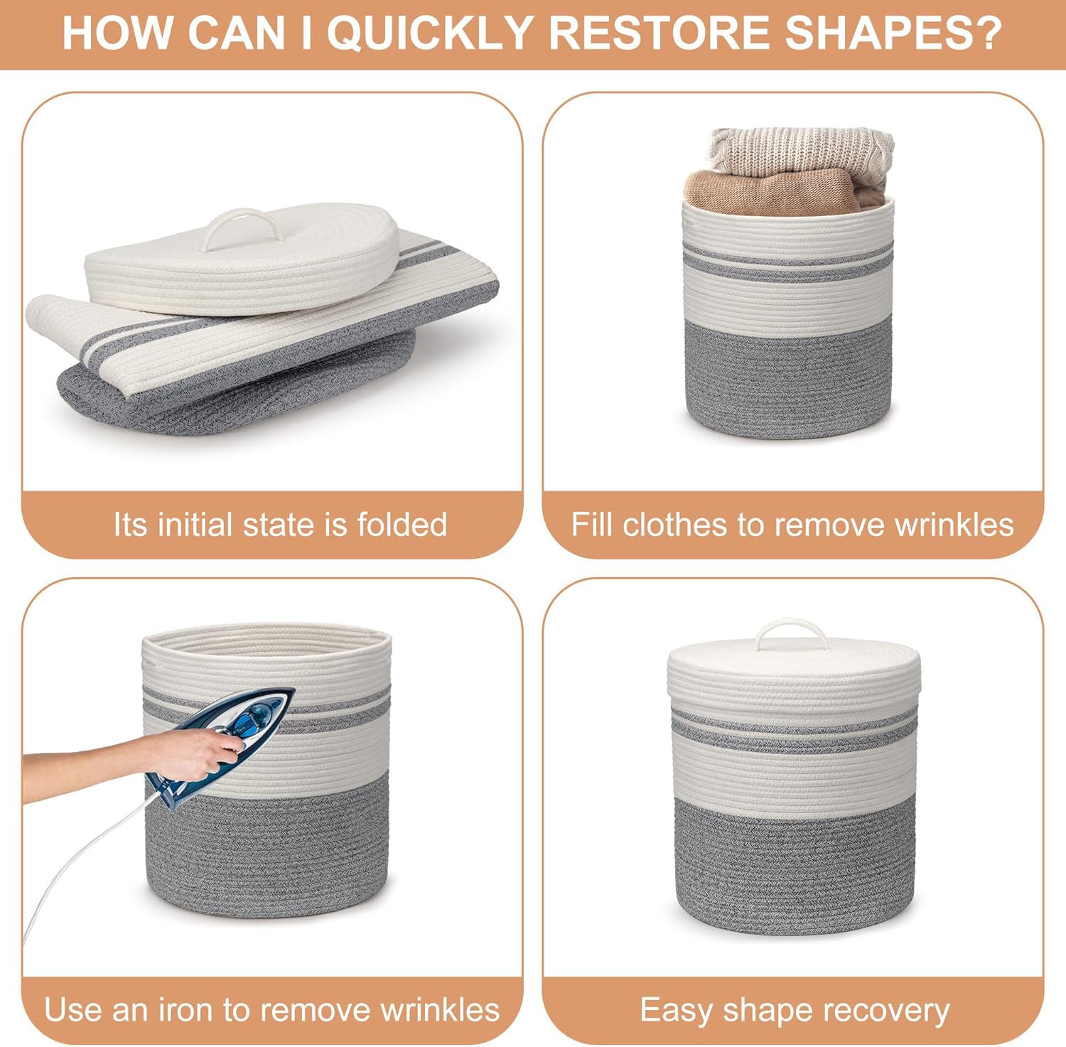 Foldable Laundry Basket Small with Lid, Laundry Hamper - Laundry Baskets, Baskets Braided Cotton Basket - Storage Basket Small Laundry Basket Children'S Room (Grey, 35 X 42 Cm) image number 6