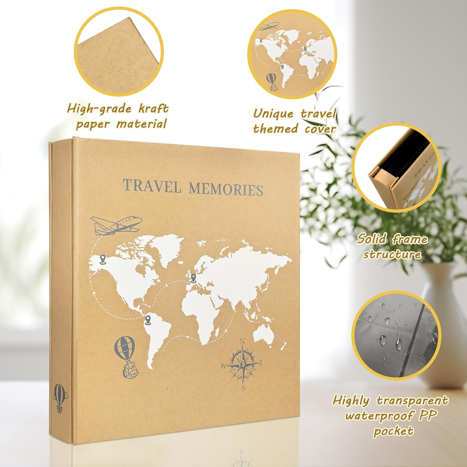 Travel Photo Album 4X6 Photos,5 Pictures per Page 300 Capacity Vacation Memory Book with World Map Cover&ndash;Excellent Kraft Album for Family Adventure Trips Gifts image number 3