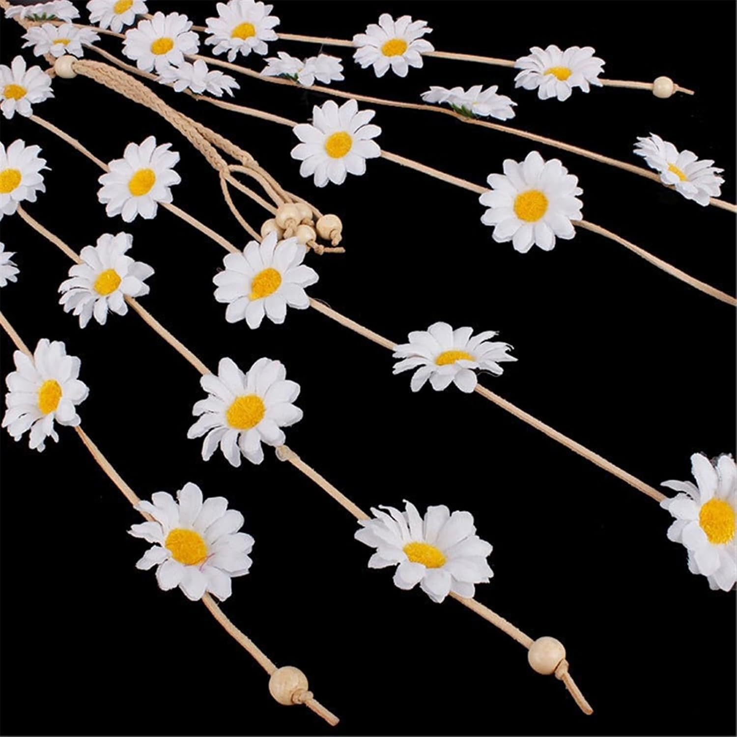 LERTREE Boho Daisy Headpiece Sunflower Tassel Headbands Women Fairy Crown Floral Headdress Hippie Festival Party Headwear (White, L)