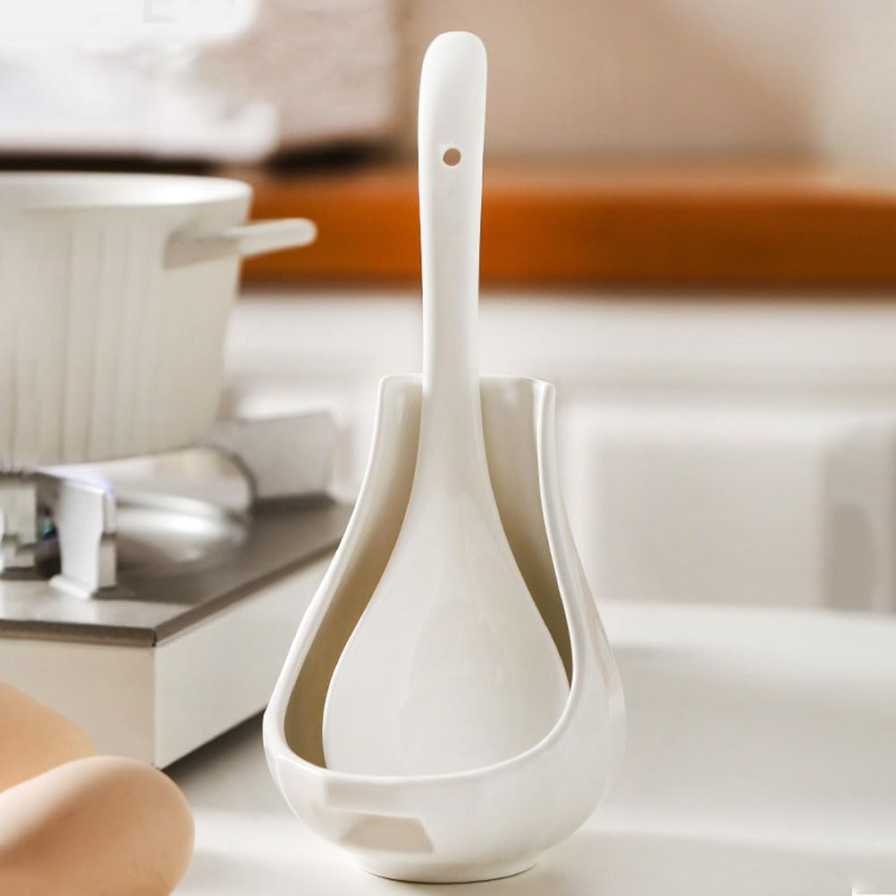 Ceramic Spoon Rest Set, 2-Piece White Ladle Holder for Kitchen Counter, Cooking Utensils Stand, Farmhouse Decor, Soup Scoop and Condiment Spoon Storage