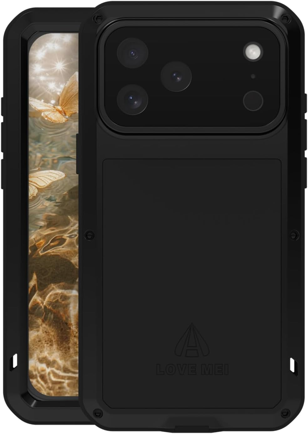 LOVE MEI Compatible with Iphone 17 Pro Max Case, Outdoor Sports Waterproof Military Heavy Duty Shockproof Dust/Dirt Proof Hybrid Aluminum Metal+Silicone+Tempered Glass Full Body Metal Cover (Black)