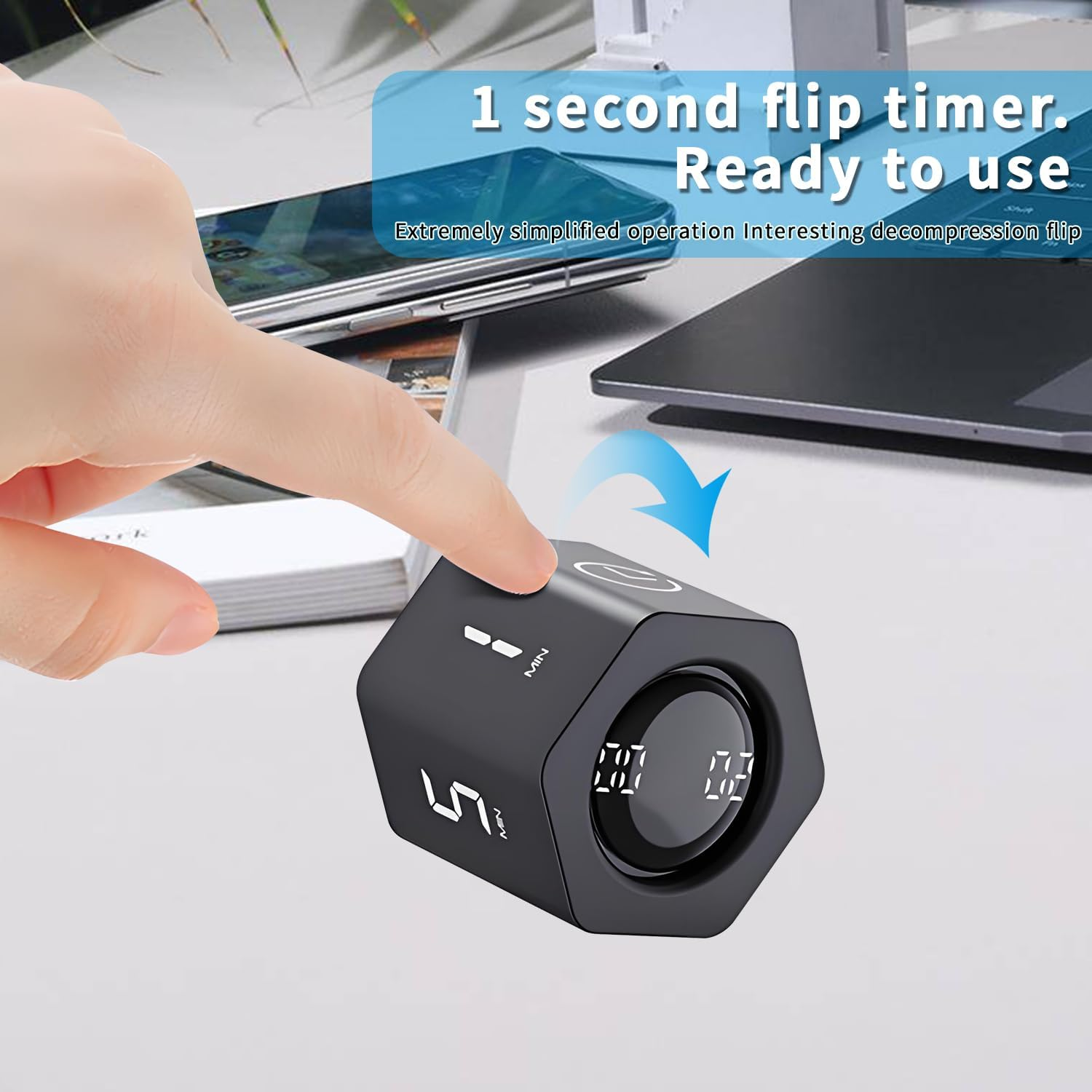 QUMOX F6 Pomodoro Timer Cube, Hexagon Productivity Gravity Timer, Flip Clock, Silent, Vibrate & Sound Alarm Ideal for Work, Office, ADHD, Study, and Tasks - 1/5/10/30/60 Min & Stopwatch Mode - Black image number 2