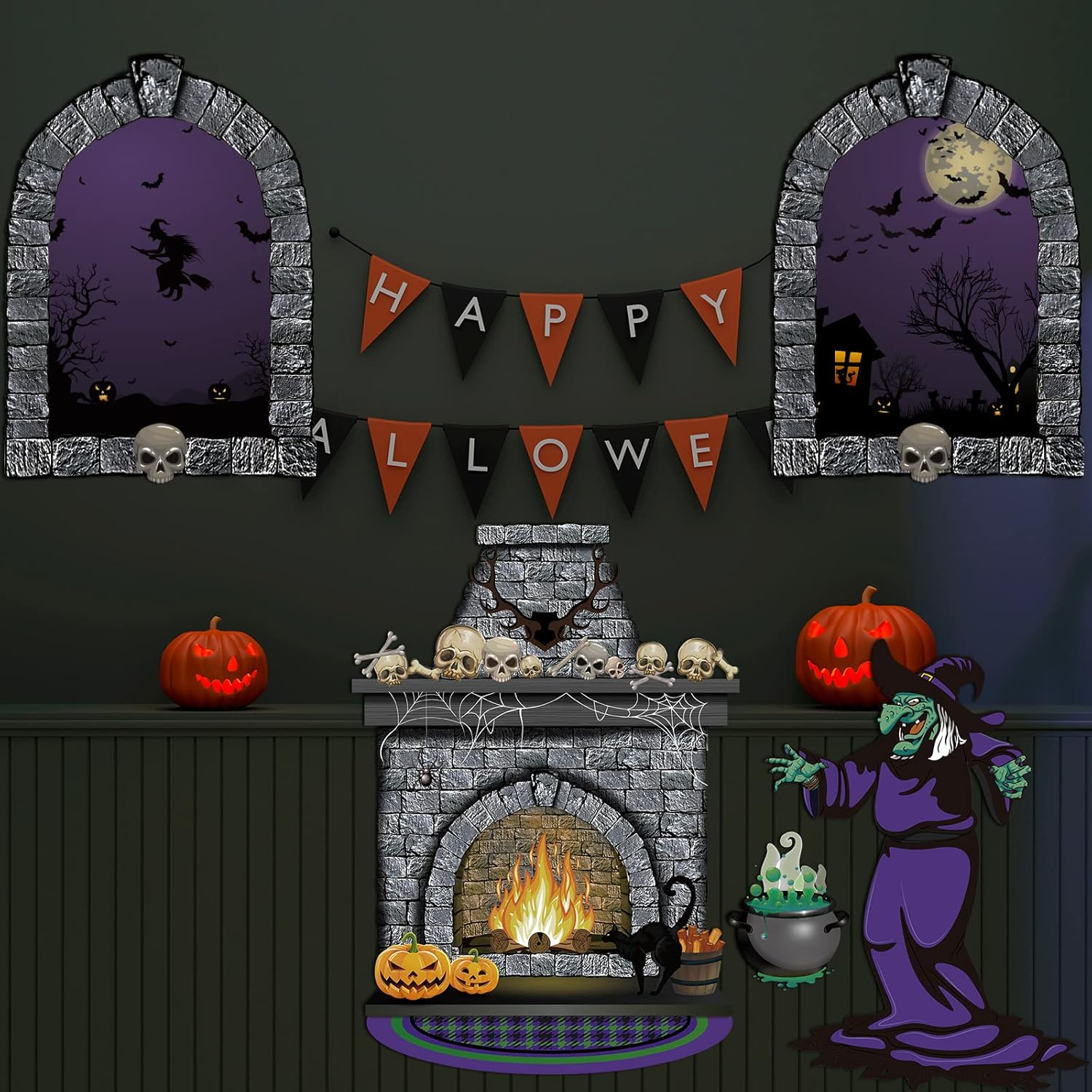 5 Pcs Halloween Scene Setter Night Window Skull Fireplace Witch Bubbling Cauldron Background Backdrop Decor Cloth Booth Medicine Stove for Home Decor image number 3