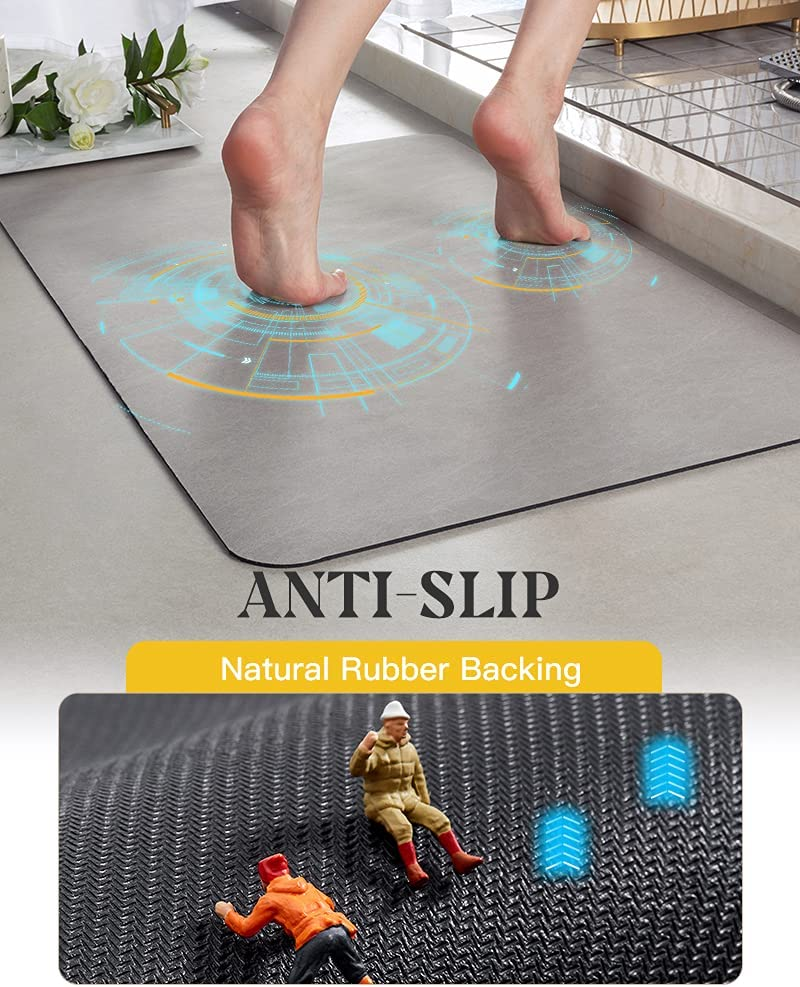 Montvoo -Bath Mat-Rubber Backing Non Slipthin Bathroom Rugs Fit under Door- Quick Dry Absorbent Faux Suede Surface Grey Bathroom Floor Mats-Shower Rug for in Front of Bathtub Shower Gray 16X24 image number 3