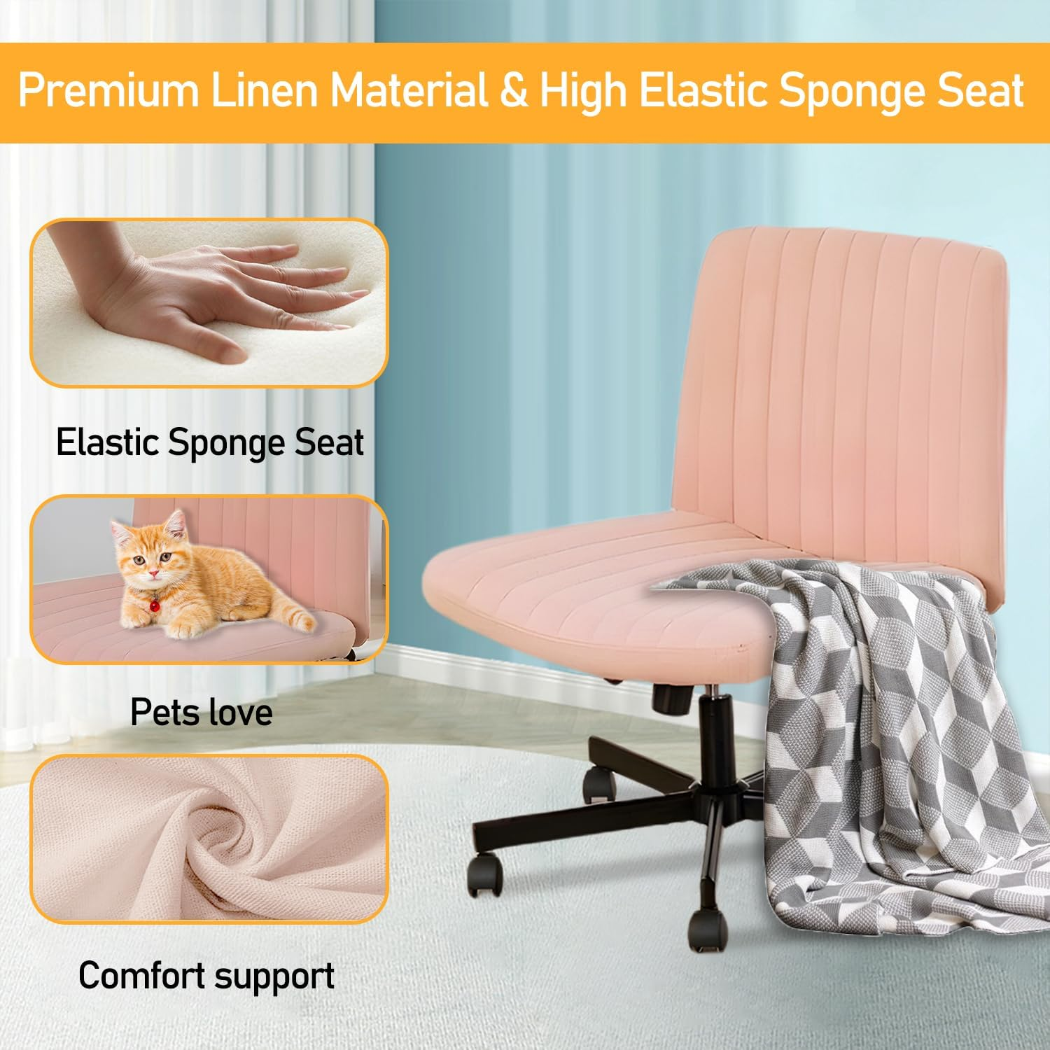 Uandhome Armless Office Chair with Wheels,Ergonomic Wide Seat Fabric Cross Legged Desk Chair, Swivel Computer Chair for Home Office, Modern Vanity Chair image number 3