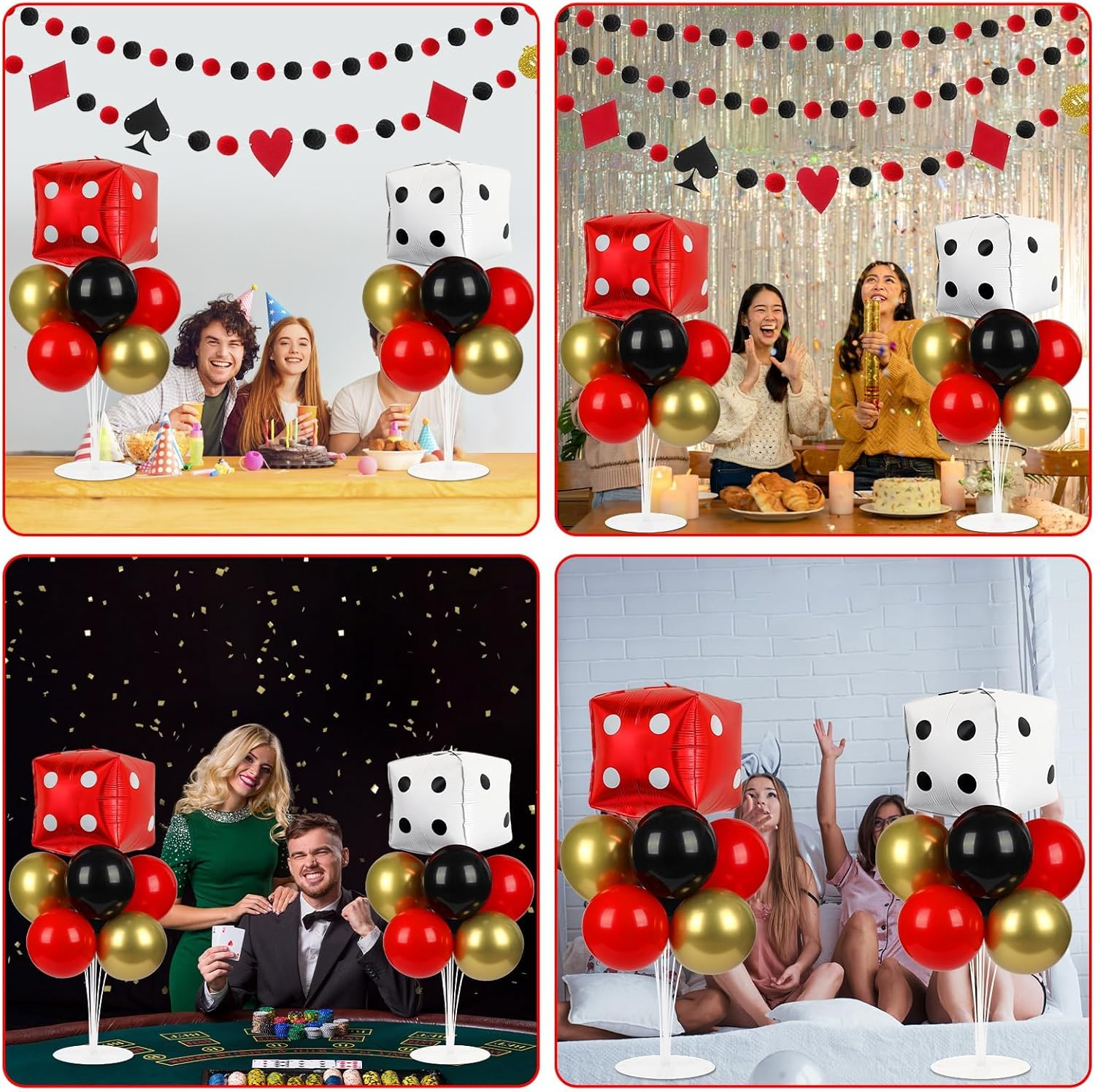 Naozinebi 2 Set Casino Theme Party Balloons Stand Kit with 2 Dice Foil Balloons, Black, Red, White & Gold, Casino Night Party Decoration for Adults, Unisex image number 2