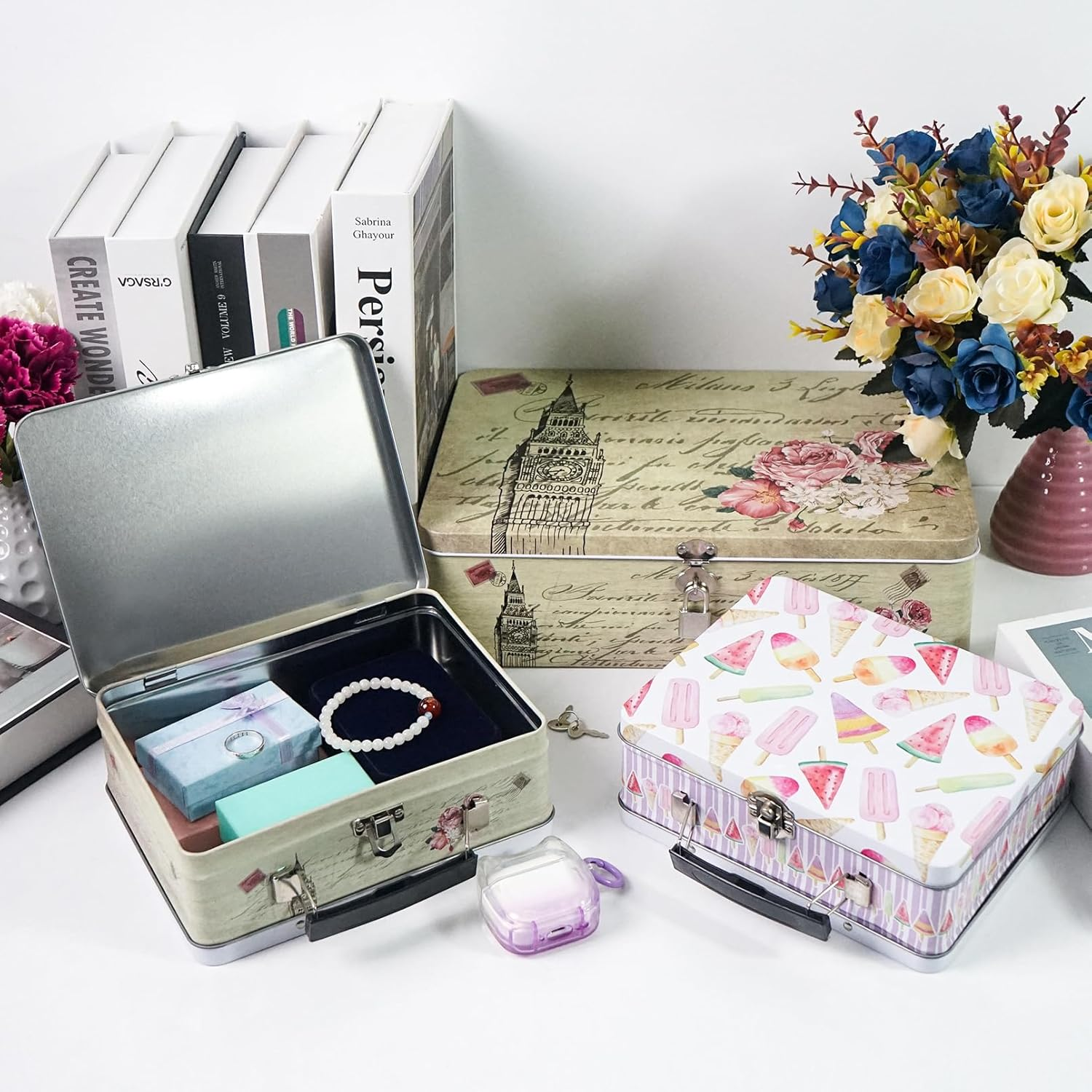 Dreamseden Storage Box Set with Lock - 12" Large Keepsake Box & 2 Handheld Tin Boxes - Decorative Container Memory Storage for Jewelry, Photos, Letter, Documents - Retro Home Decor Gift image number 4