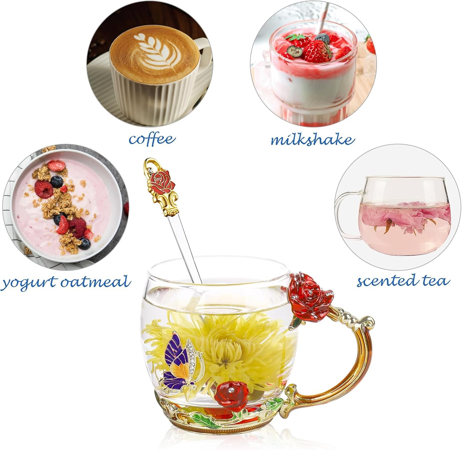 Flower Tea Cup,Butterfly Daisy Glass Fancy Coffee Mug with Spoon,Gift Box for Her Mom Wife Grandma Girls Friends Valentines Christmas Birthday Present Idea for Juice,Hot/Cold Drinks Use (Red Rose) - Blue Rose image number 7