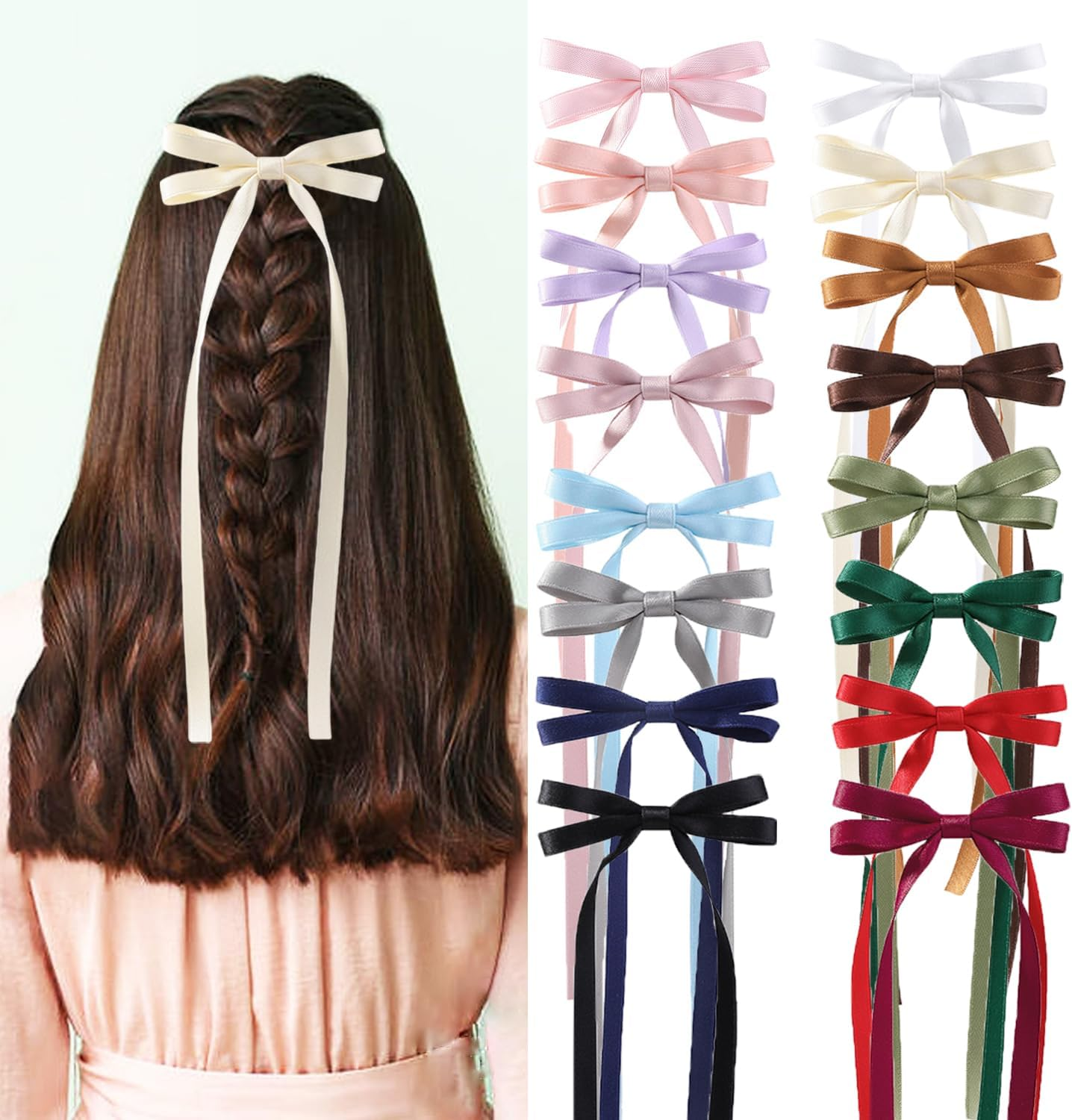 16 PCS Silky Satin Hair Bows with Tassel, Hair Ribbon Hair Bows with Long Tail Hair Bow Clips Hair Barrettes for Girls Women Tassel Ribbon Bowknot Hair Clips for Ponytail Holder Bow Barrettes Claw image number 1