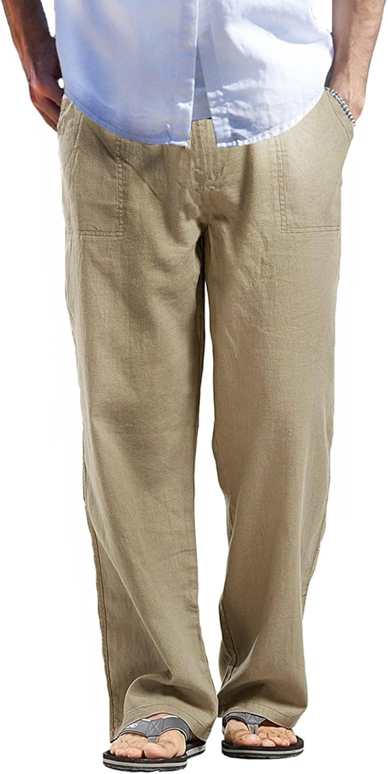 AITFINEISM Men'S Casual Linen Cotton Pants Comfy Loose Fit Elastic Waist Wide Leg Trousers