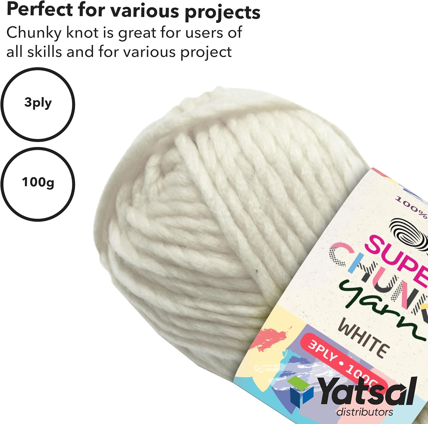 Yatsal Super Chunky 3-Ply Knitting Wool Yarn 100 G, White image number 3