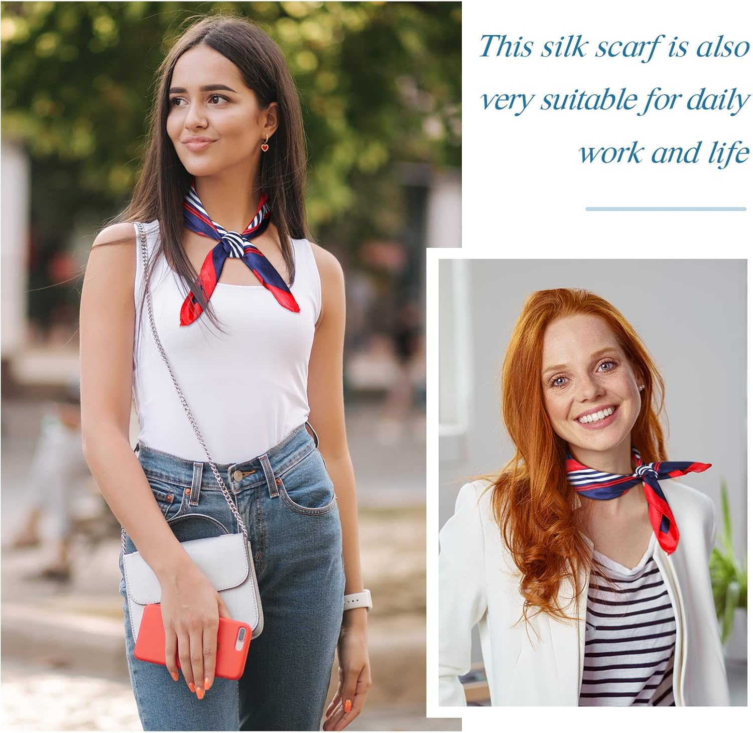 Xtinmee 12 Pack Nautical Square Scarf - Red, White, and Blue Imitated Silk Sailor Neck Scarf for Women, Ladies, Stewardess image number 1