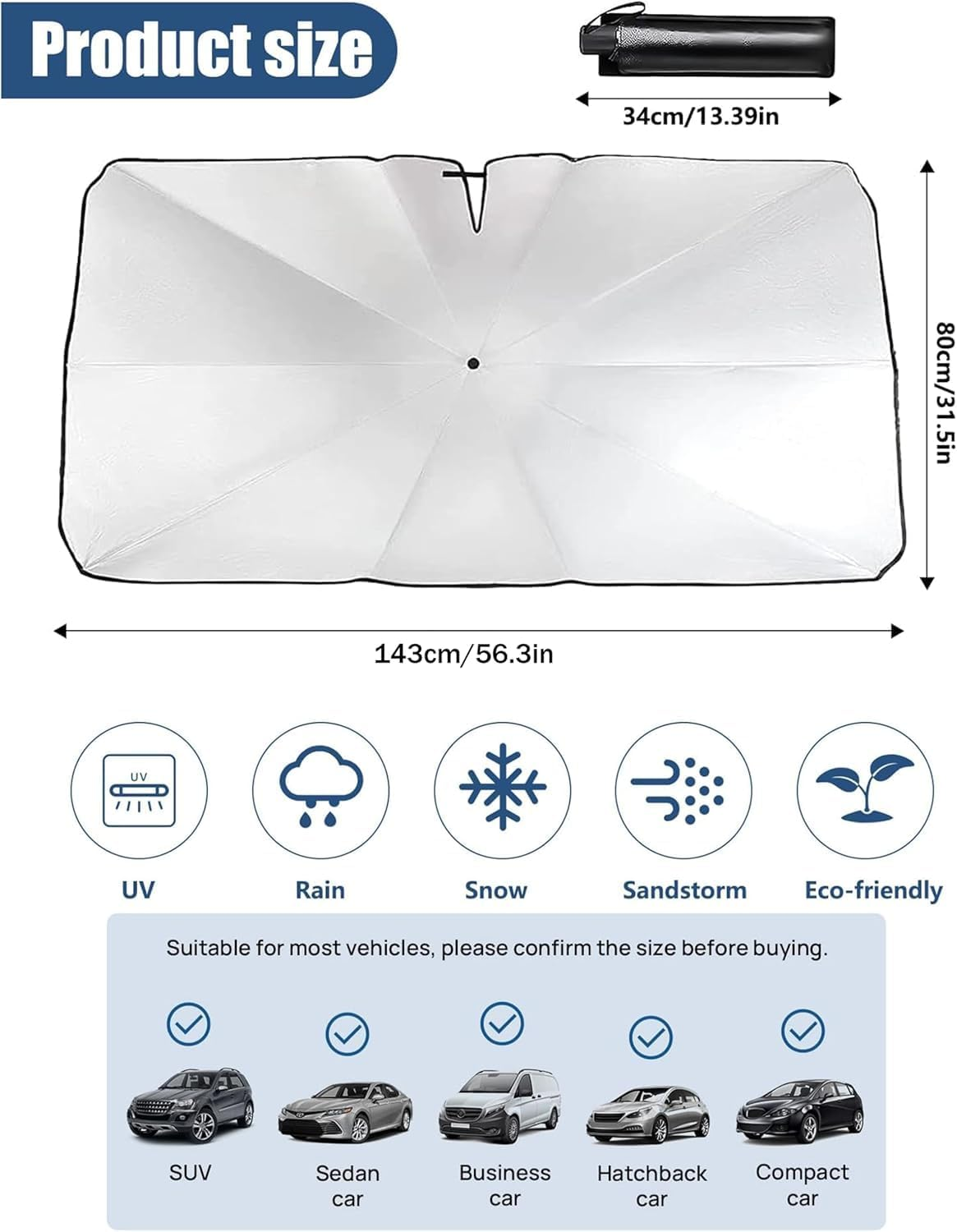 Car Windshield Sun Shade Umbrella, Car Sun Shade, Blocks UV Ray & Heat Insulation Foldable Front Windscreen Protector for Cars Trucks Suvs(143 X 80 Cm) image number 1
