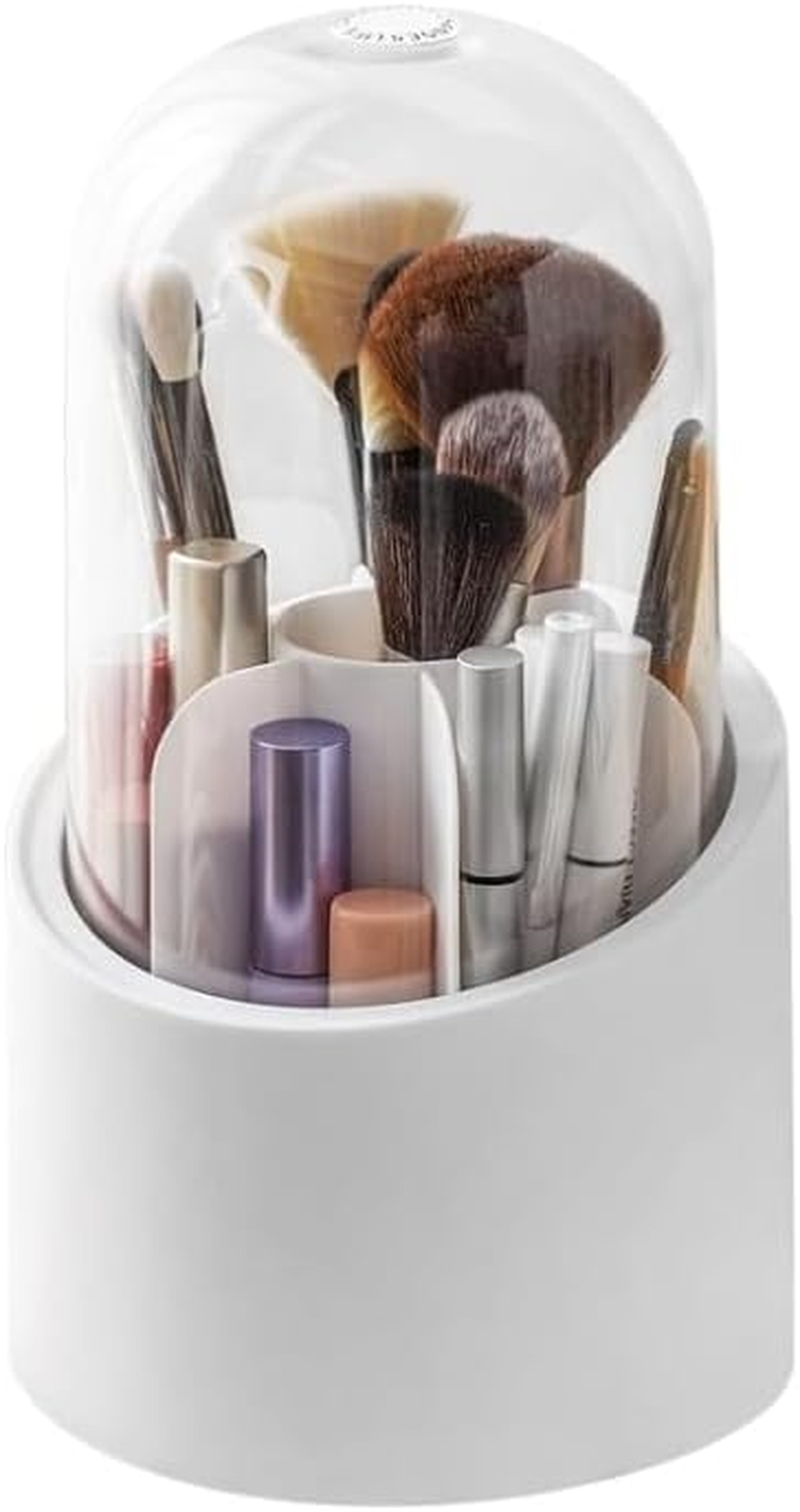 360&deg; Makeup Brush Holder Organizer with Lid, Rotating Dustproof Make up Brushes Container with Acrylic Cover, Spinning Cosmetics Holders Storage Cup for Vanity Desktop Bathroom Countertop