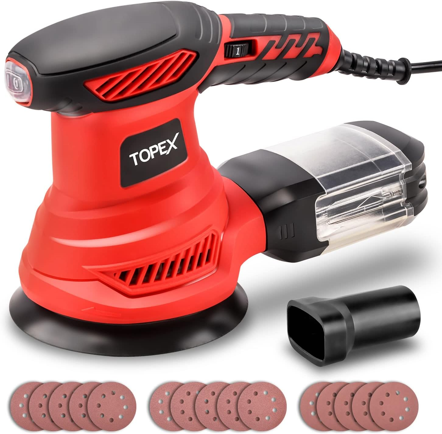 TOPEX 300W Random Orbital Sander Tool Set Electric Mini Electric Sander Kit with Dust Collector & 15Pcs Sandpaper Polisher Grinding Sanding Tools for Sanding, Finishing, Polishing Wood/Metal image number 4