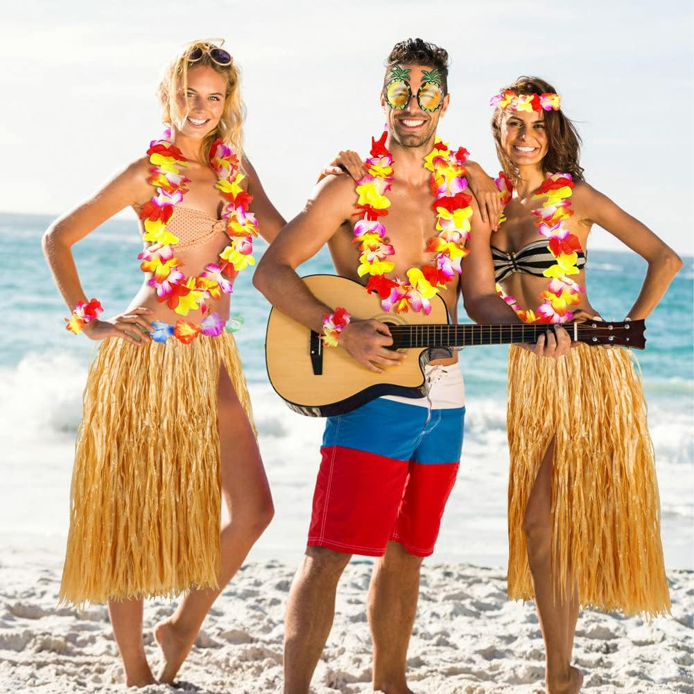 Grass Skirt for Adults, Women Hula Skirt for Hawaiian Luau Party Outfits with Flower Leis and Sunglasses image number 6