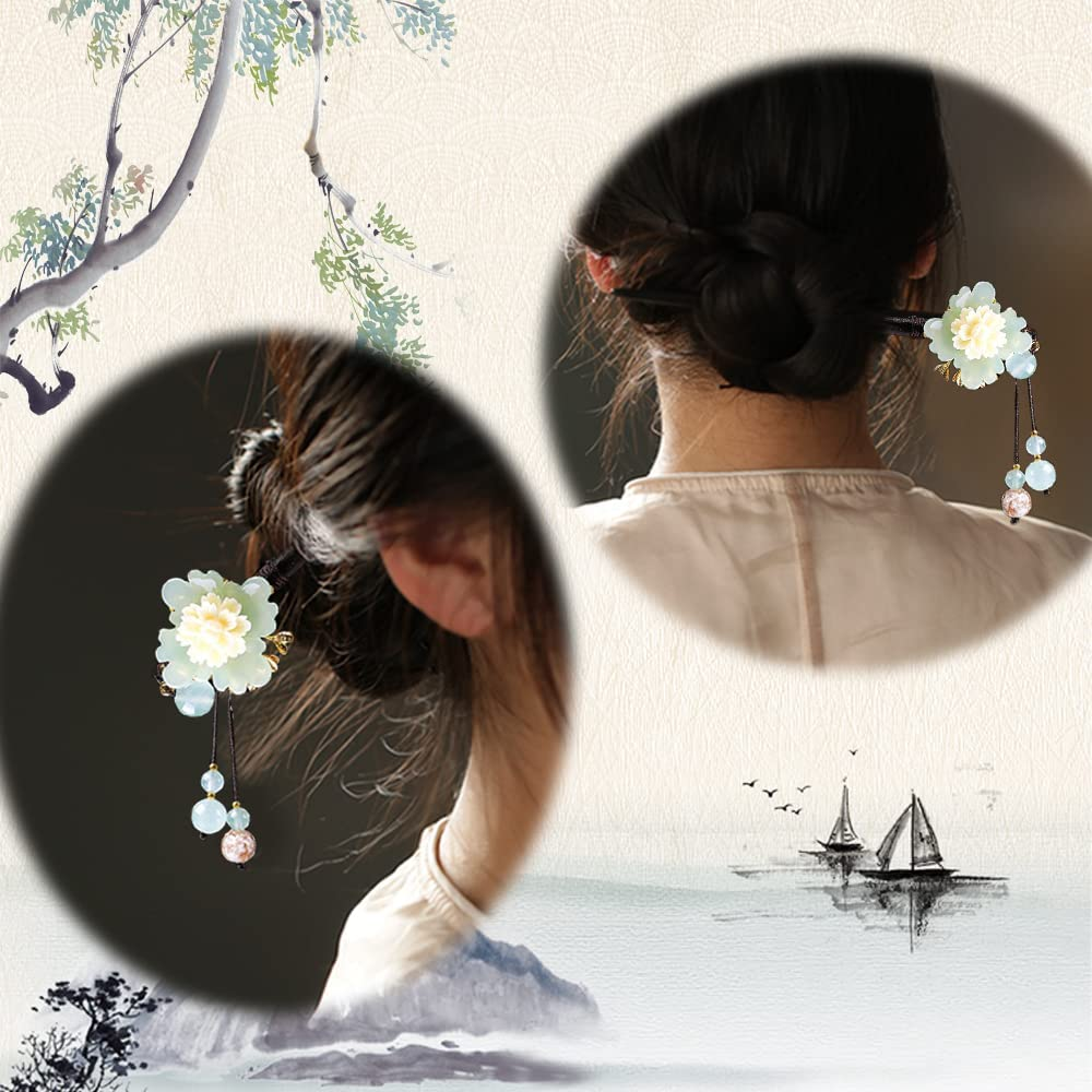 2 Pcs Wooden Chinese Hair Sticks for Long Hair, Vintage Retro Hair Chopsticks for Women Bun, Elegant Flower Tassel Chinese Hair Pins Chignon image number 5