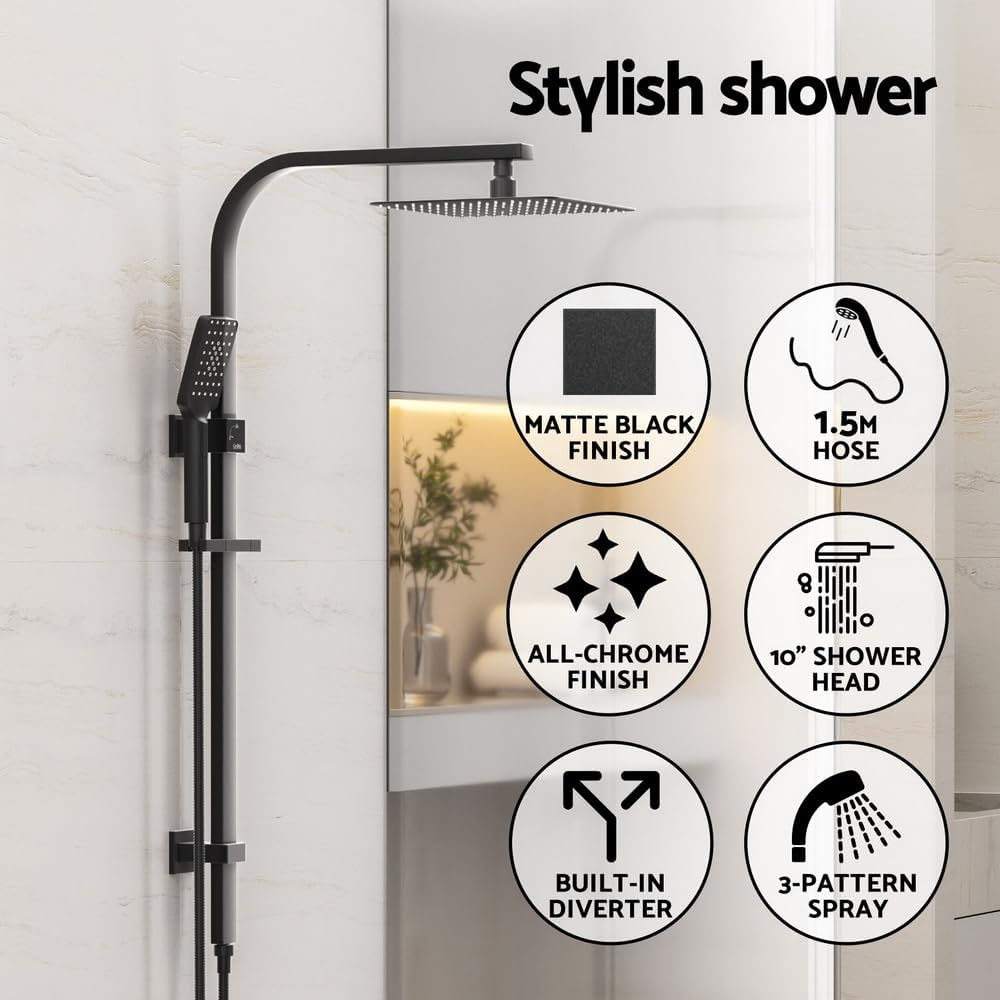 10'' Rain Shower Head Set Handheld Square High Pressure Bathroom Black image number 2