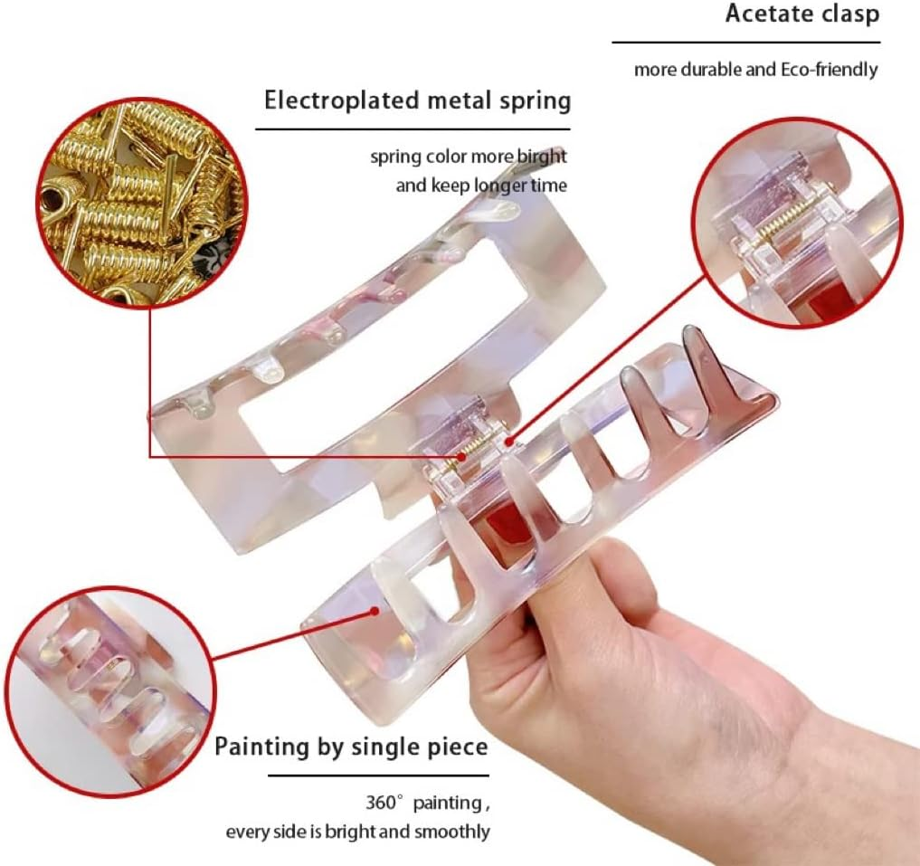 2PC Large Rectangular Hair Claw Clip for Thick Hair - Marble, Opal, Multicolour Design (Marble Pink & Dark Leopard) image number 2