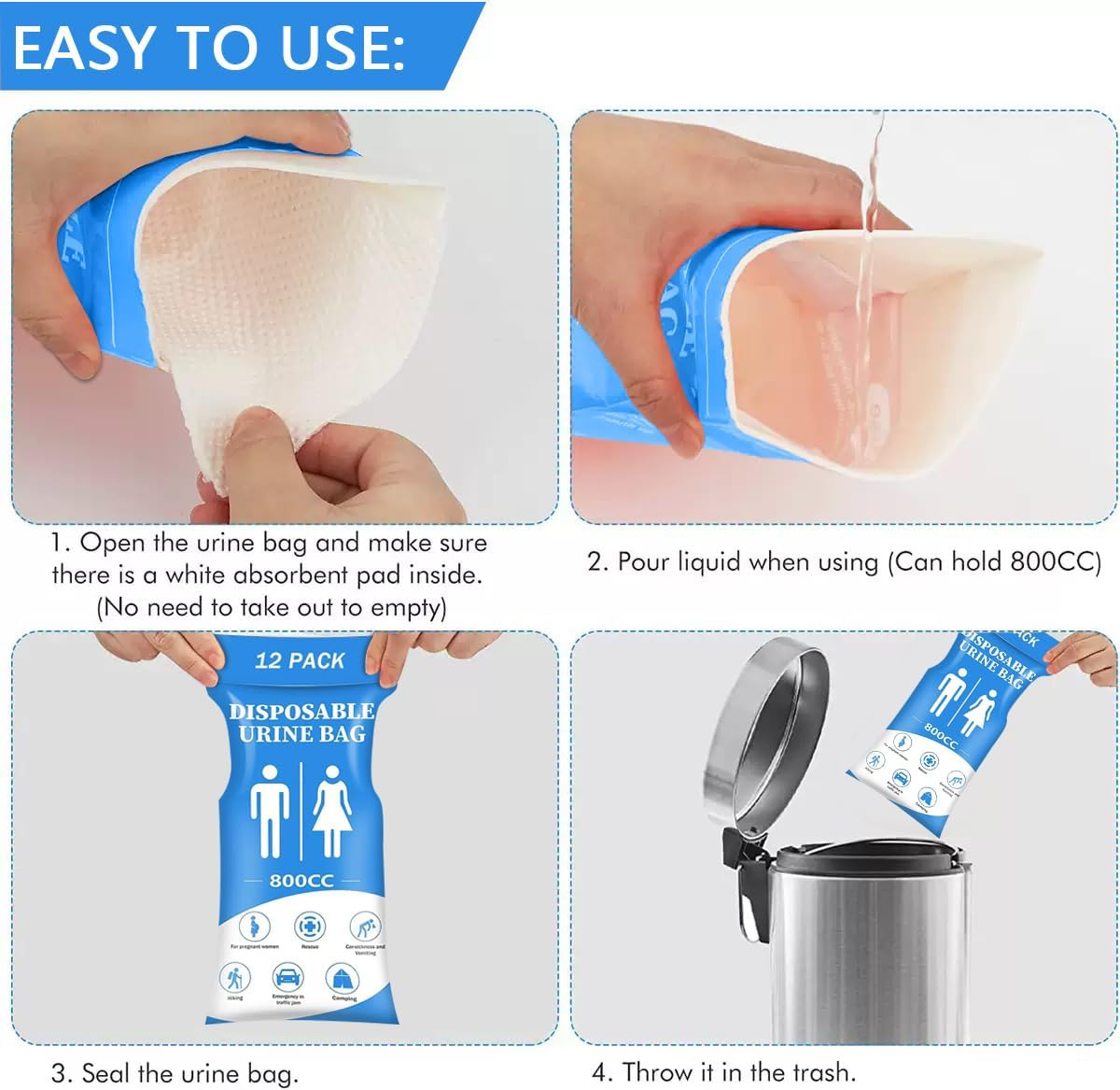 12 PCS Disposable Urine Bags,800Cc Pee Bags for Travel for Women and Men, Portable Emergency Urine Bag with Leakproof Seal for Road Trips, Camping, Hiking, Traffic Jams,Pregnant, Patients image number 1