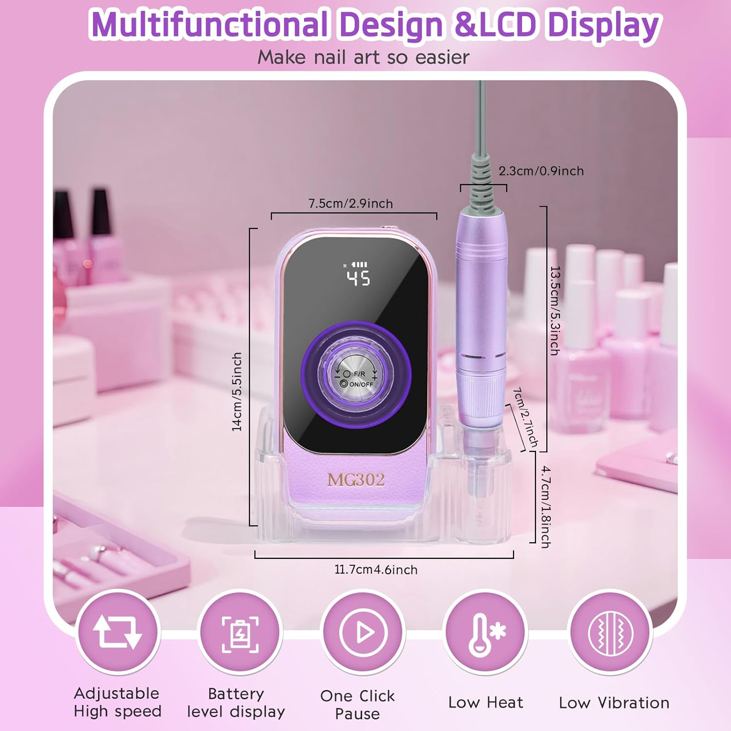 Professional Electric Nail Drill File, 45000RPM Rechargeable Cordless Nail Drill Kit Portable with 7 Bits & Base, HD Display, Low Noise for Shaping, Manicure, for Salon, Home Use (Purple) image number 6