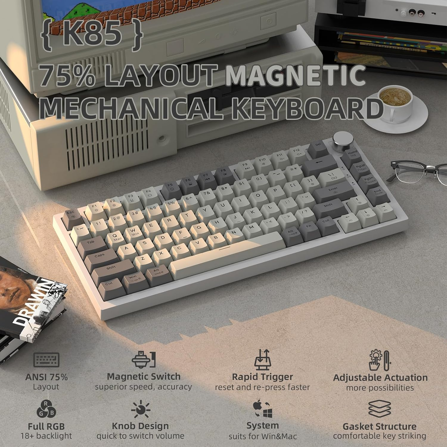 ATTACK SHARK K85 Rapid Trigger 75% Wired Mechanical Gaming Keyboard Gasket with Hot Swapped Adjustable Actuation Magnetic Switch Programmable Knob TKL RGB Backlit PBT Keycaps for Win Mac Gamer(Gray) image number 1