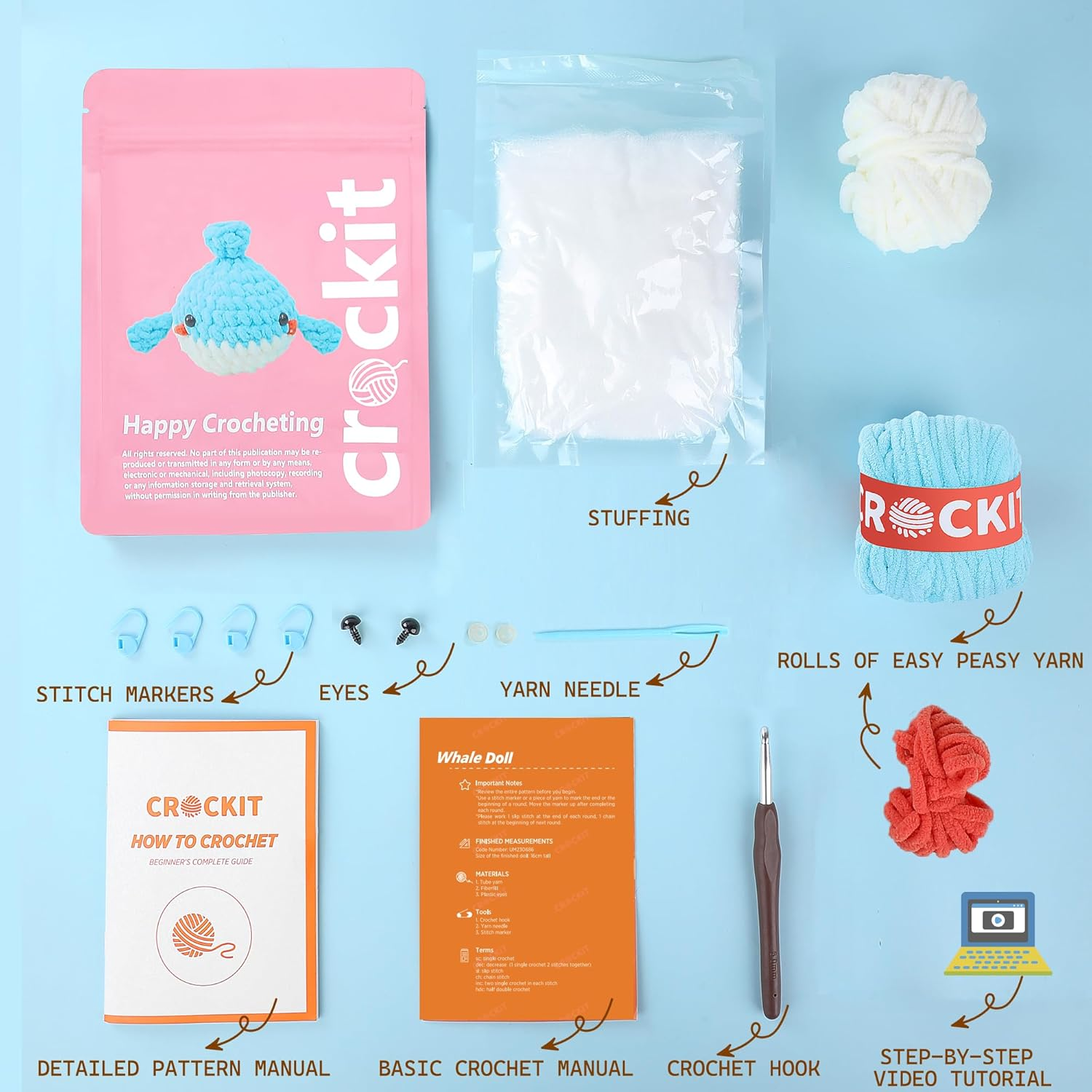 Crochet Kit for Beginners, Beginner Crochet Kit for Adults Kids, DIY Knitting Animal Kit, Amigurumi Crochet Starter Kit with Step-By-Step Video Tutorials（Whale）
