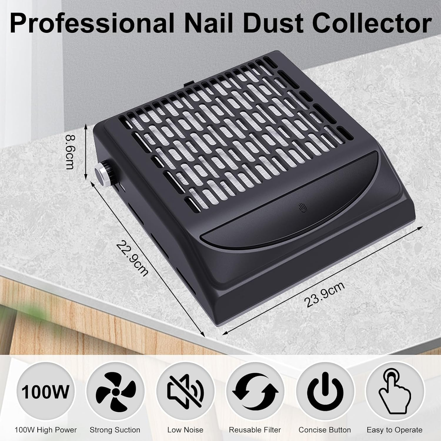 Bouzaak Nail Dust Collector Machine Electric Nail Dust Extractor with Adjustable Switches for Home or Salon Nail Vacuum Cleaner (Black) image number 2