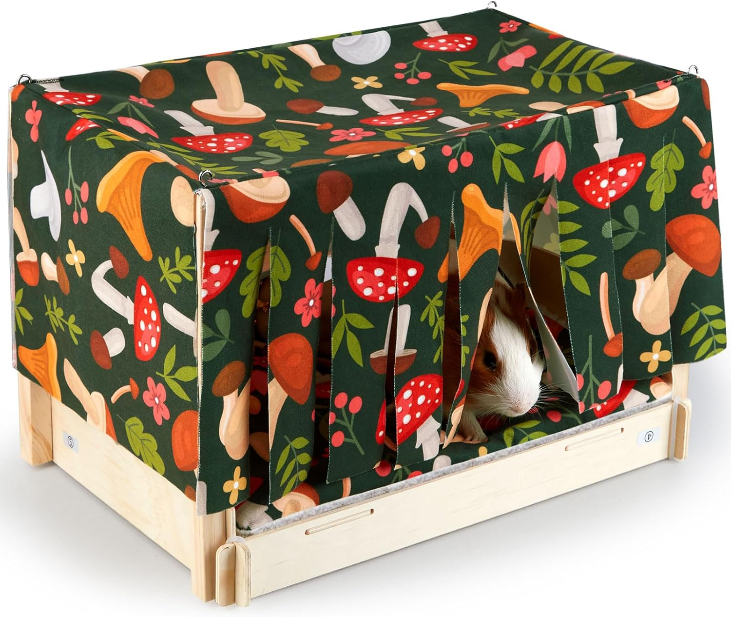 Hedgeink Guinea Pig Bed Wooden Hamster House with Waterproof Mat Rabbit Hideout Small Animal Hide Cage with Door Curtain for Hedgehog Chinchilla Bearded Dragon Ferret Bunny