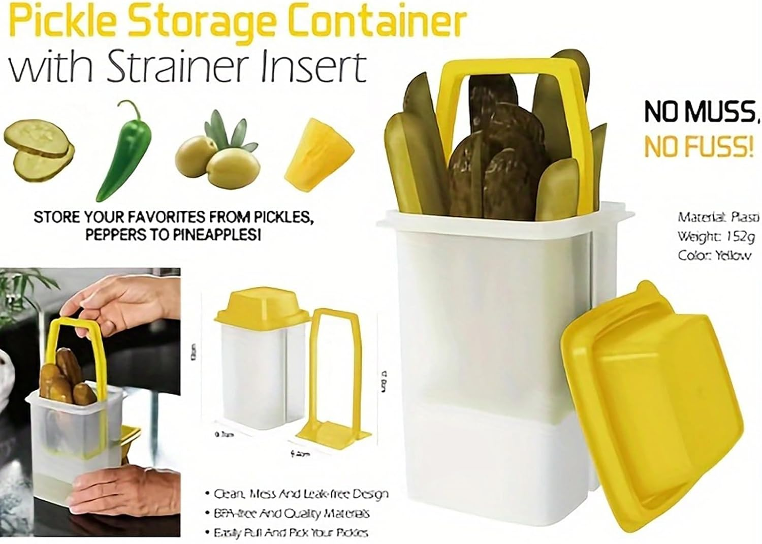 Pickle Jar with Strainer Insert - Set of 2 - Plastic Leak Proof Food Saver Container - for Fresh Fruit or Pickled Vegetables image number 2