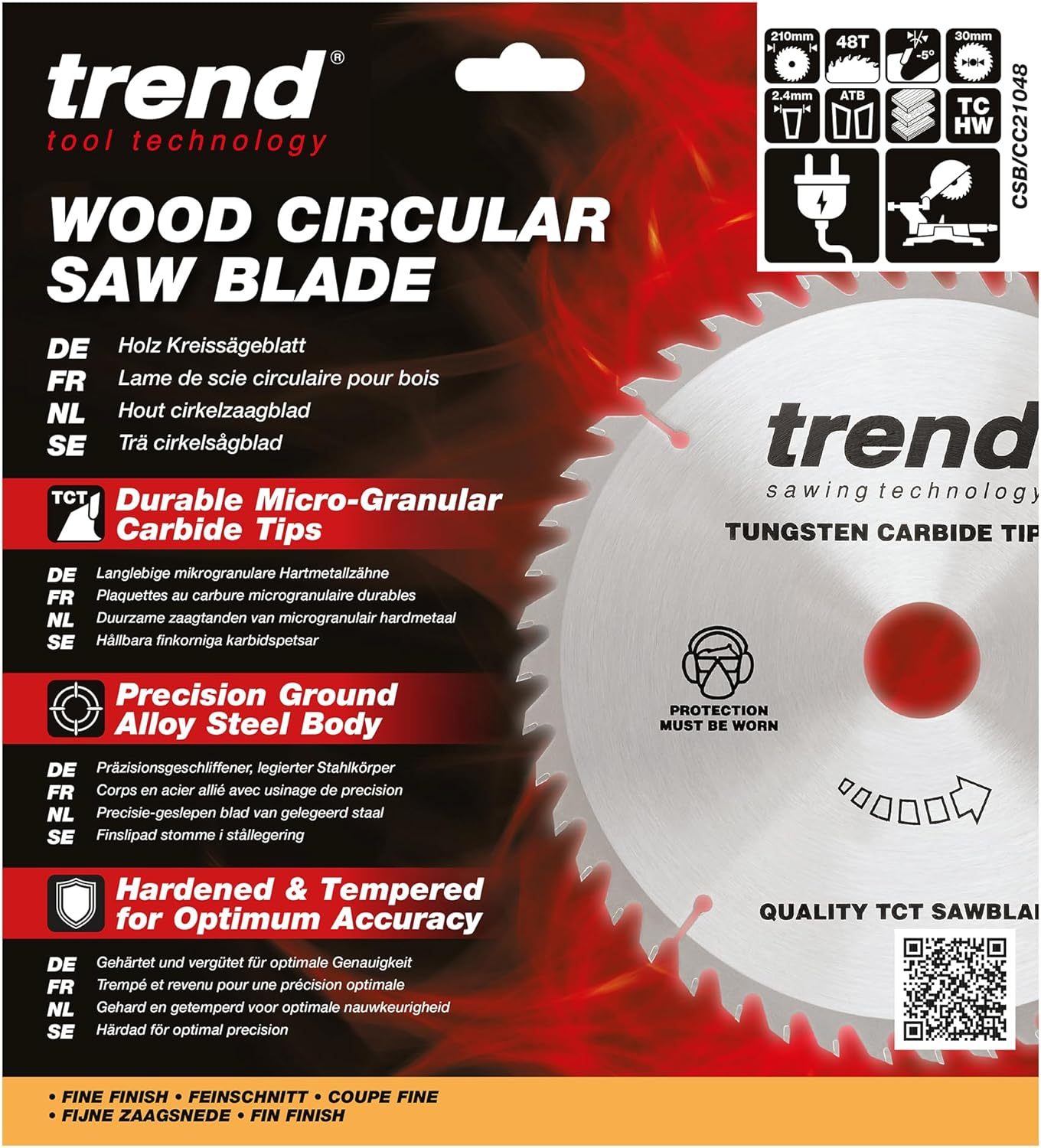 Trend Wood Mitre Saw Blade, 210Mm Diameter, 30Mm Bore, 48 Teeth, TCT, 2.8Mm Kerf, -5&deg; Hook, CSB/CC21048