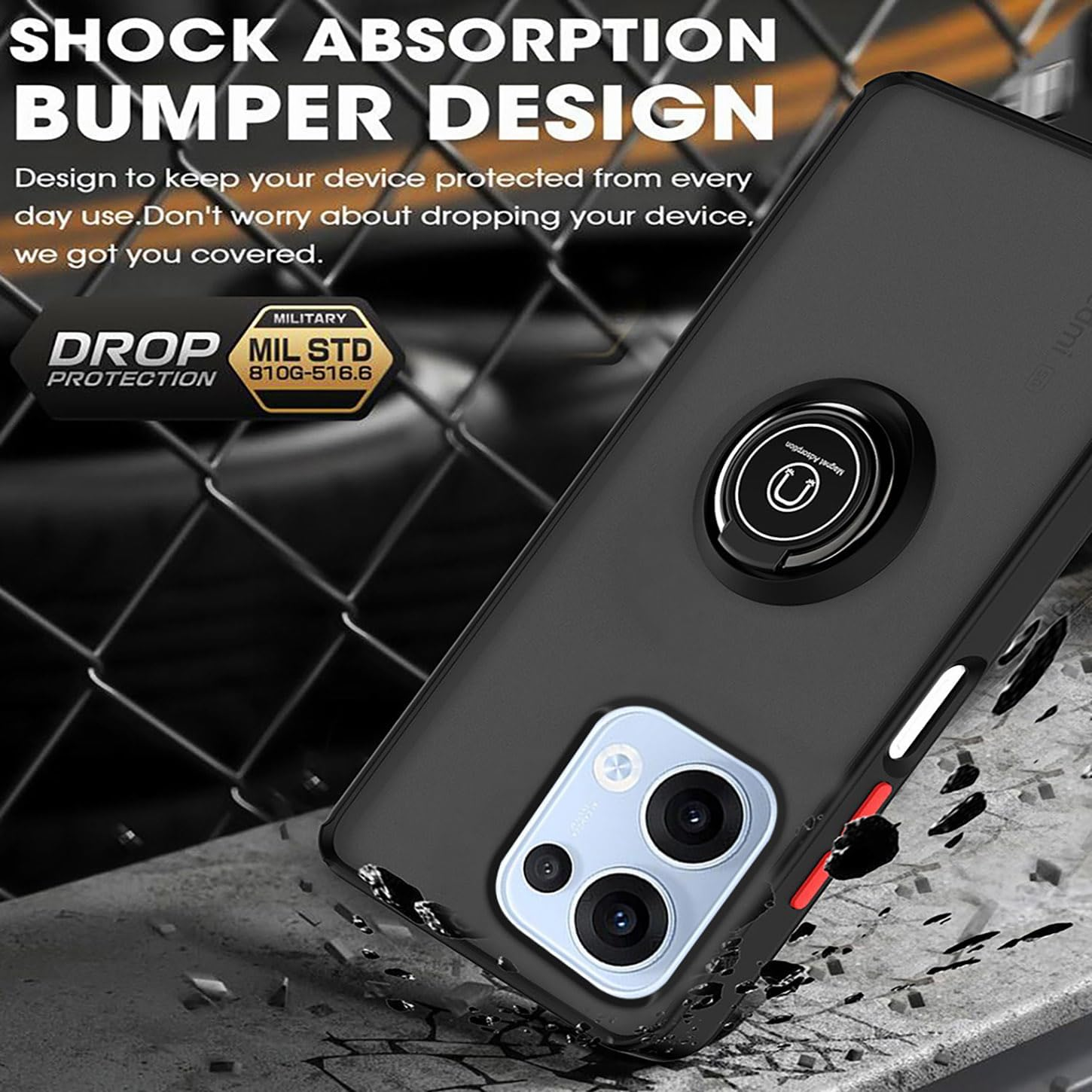 ILING Mobile Phone Case for Oppo Reno 13 5G, Ultra Thin Shockproof Translucent Matte Hard PC Back Case, Soft Silicone TPU Bumper Protective Case with Ring Stand (Black) - Army Green image number 4