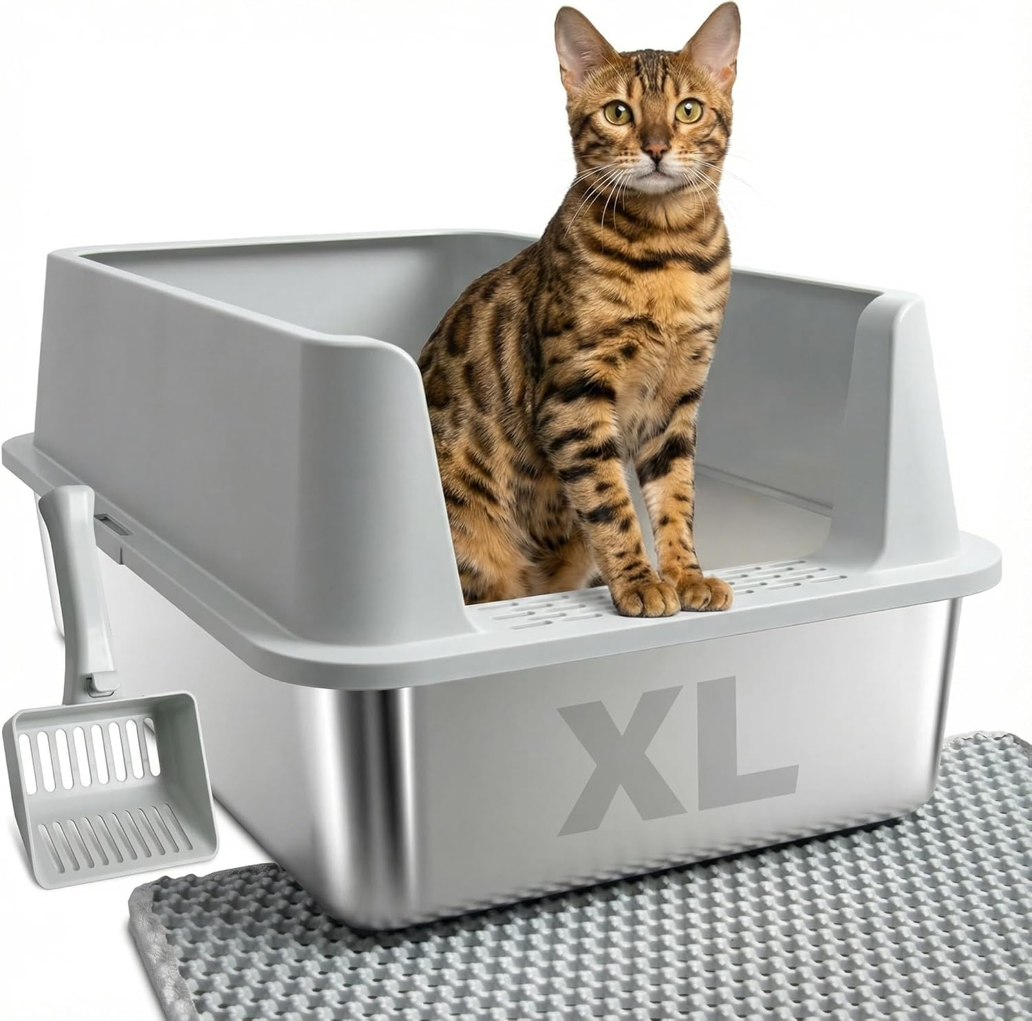 Stainless Steel Litter Box, XL Metal Cat Litter Box with Lid, Extra Large Cat Litter Boxes for Big Cats with High Sides, Easy Cleaning, Non Stick, No Smell, Include Scoop and Mat image number 5