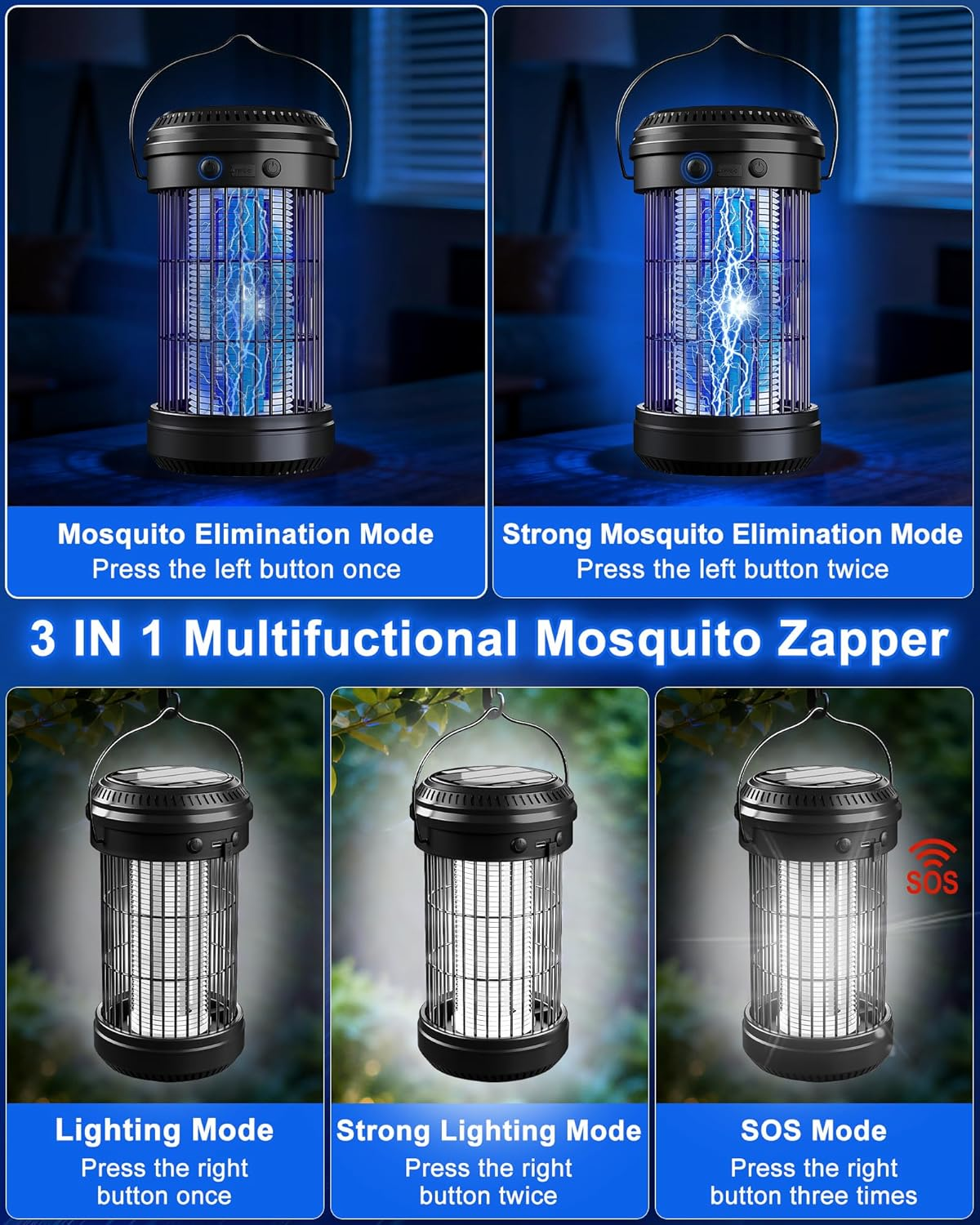 Necomi Solar Bug Zapper, Electronic Mosquito Killer/Insect Killer with LED Bulb Light, 3200Mah Solar & USB Charging Electric Bug Zapper Killer Lamp for Home Office Camping Backyard Outdoor image number 5
