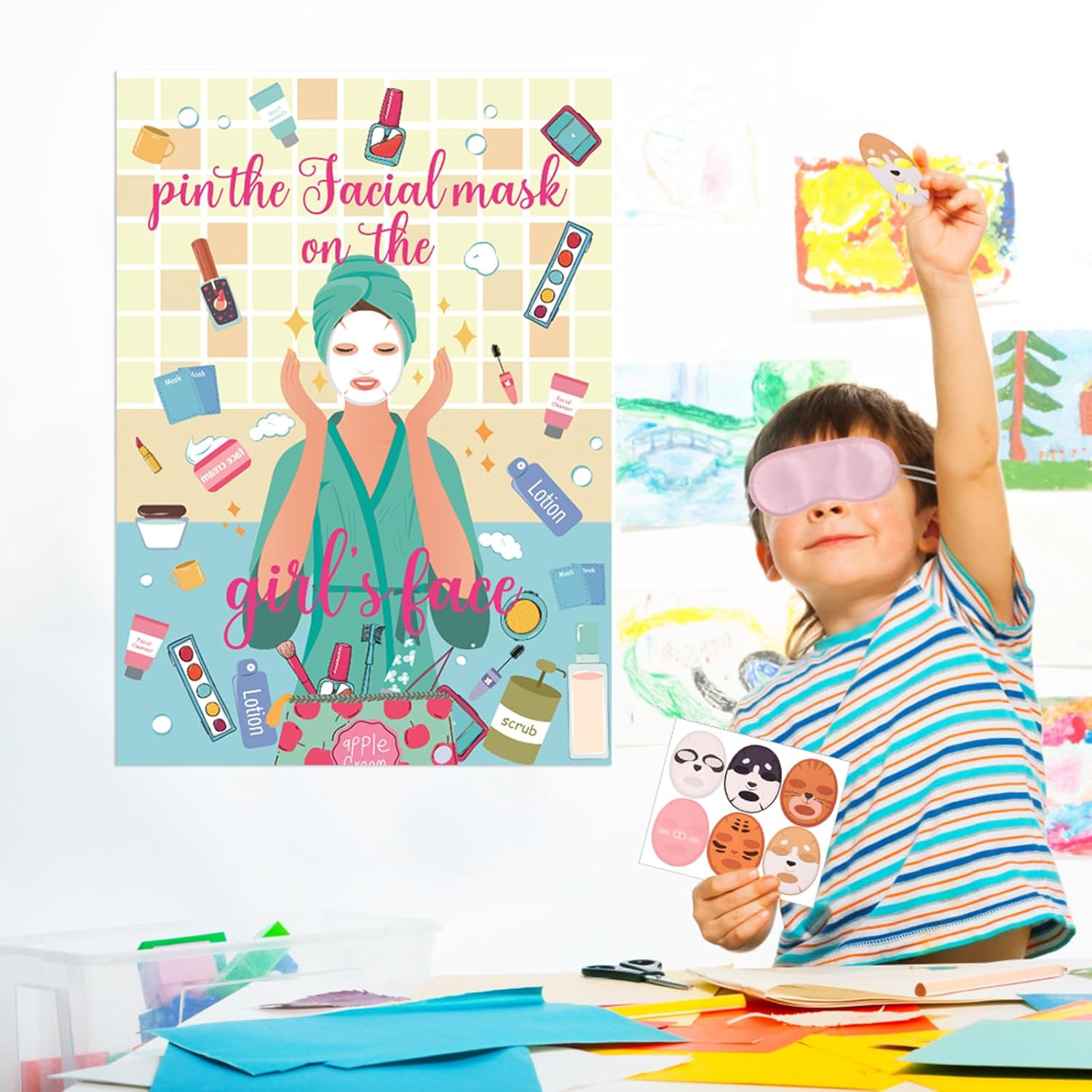 38Pcs Spa Party Games, Pin the Facial Mask on the Girl'S Face with 36 Pcs Spa Party Poster Sticker for Kids and Blindfold Spa Birthday Party Supplies Makeup Party Decorations image number 3