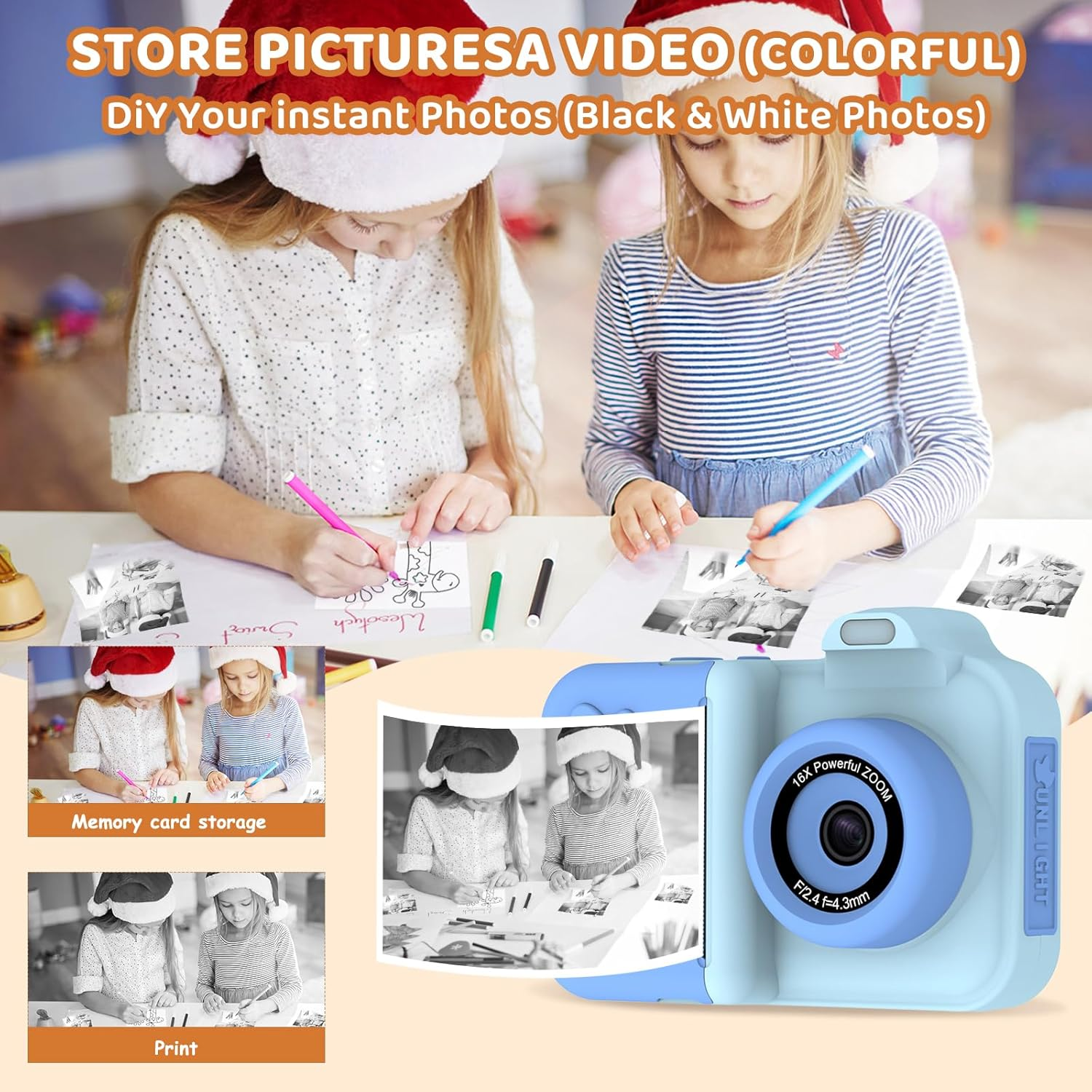 Kids Camera Instant Print, Christmas Birthday Gifts Toys for Girls Boys Age 4 5 6 7 8 9 10 11 12 Years Old,1080P HD Dual-Lens Selfie Digital Camera with 5 Rolls Print Paper Stickers Pens & 32G Card - Pink image number 6