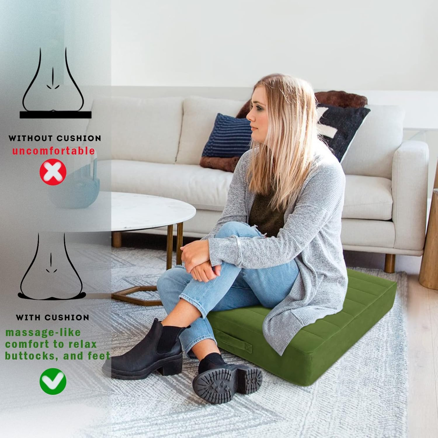 Memorecool Square Floor Pillow Seating for Adults Kids, Large Meditation Cushion Floor Pillow with Thick Foam & Soft Tufted Cover, Washable Big Pillow Seat Floor Cushion for Sitting Yoga 22" Green image number 7
