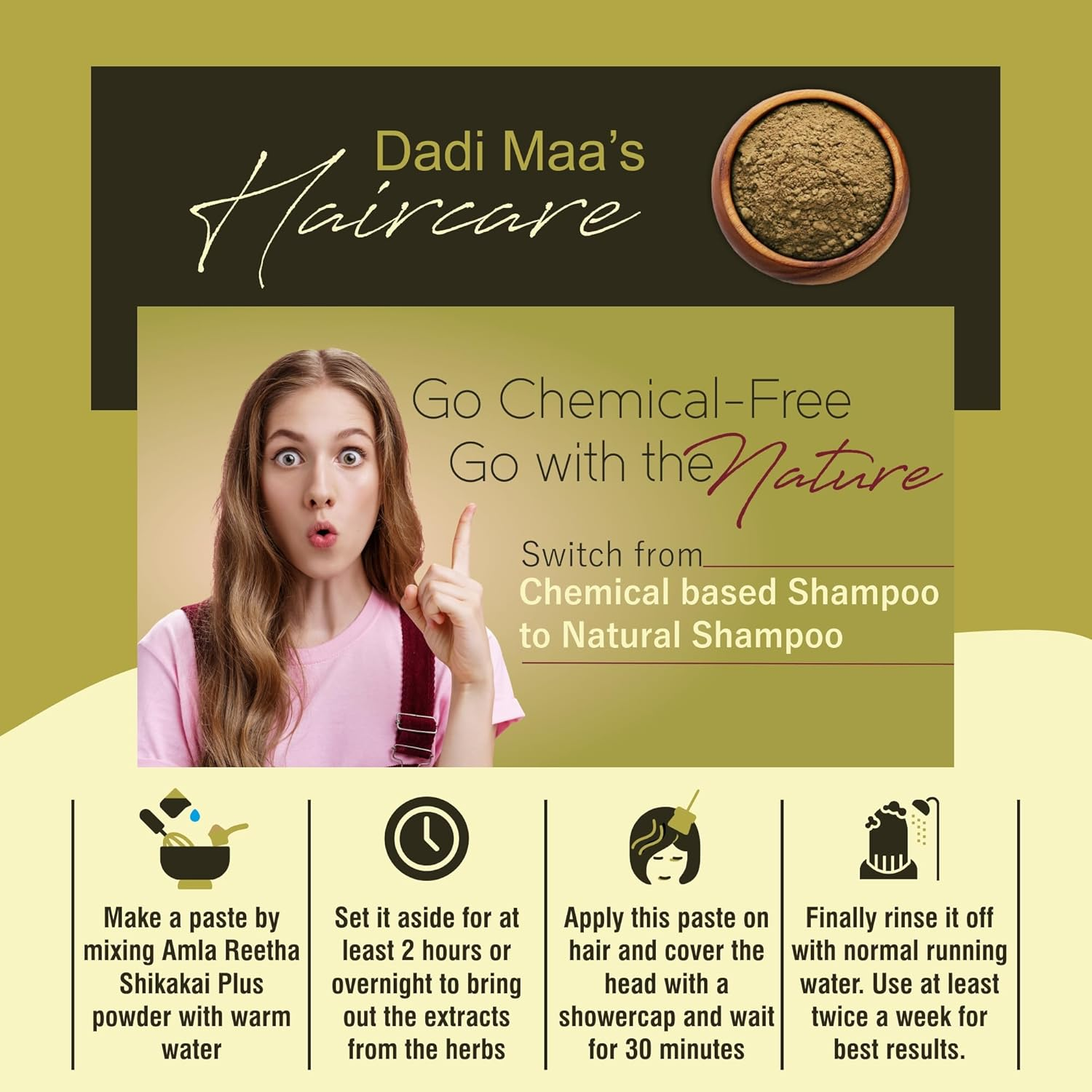 IYUSH Herbal Ayurveda Amla Shikakai Reetha Powder for Hair with 13 Herbs plus Bhringraj Powder and Hibiscus Powder for Hair Growth &ndash; 300Gm | Herbal Hair Wash Powder | Hair Volume Powder | 100Gm Each image number 4