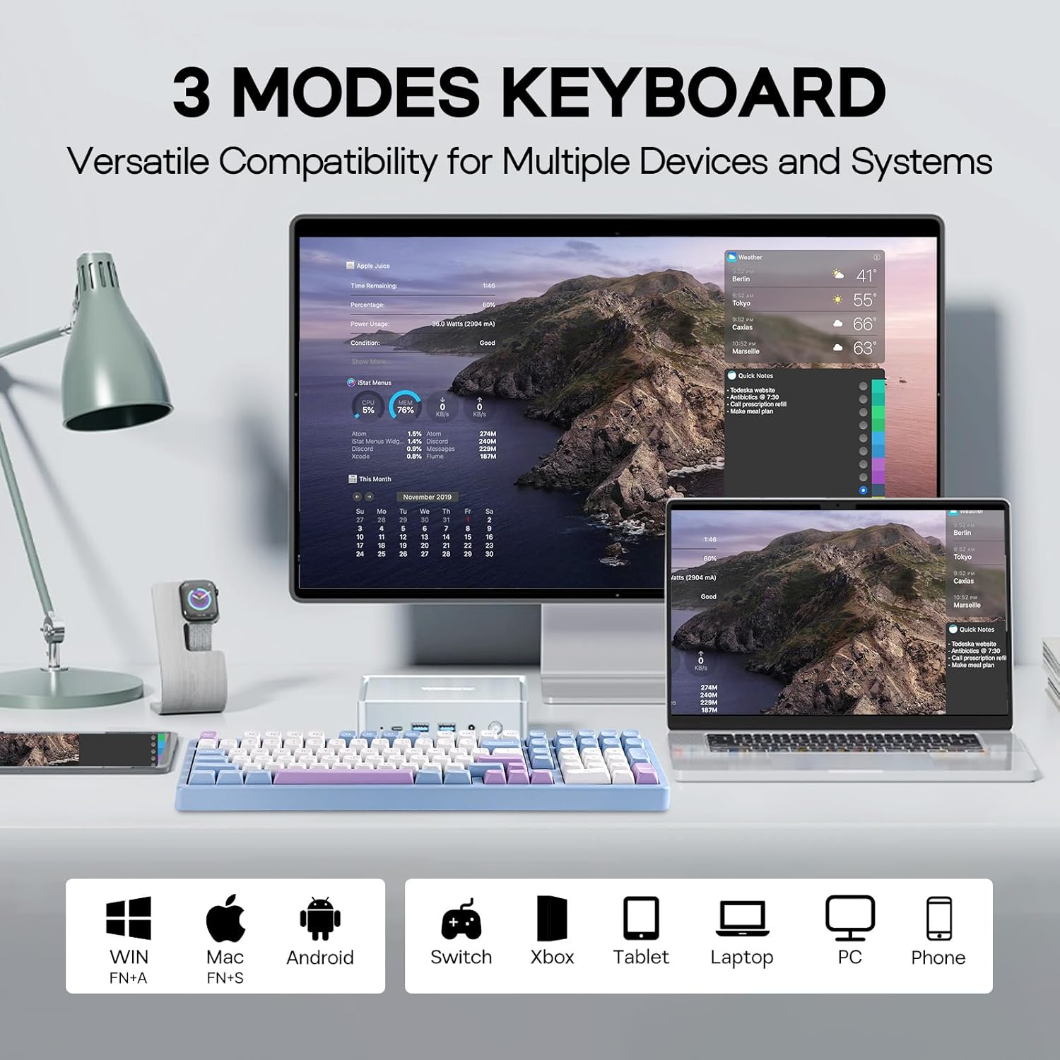 Mechlands Blade101 Wireless Aluminum Gaming Keyboard, Bt5.0/2.4Ghz/Usb-C Hot Swappable Custom Mechanical Keyboard with 8000Mah Battery, Gasket Structure, RGB Backlit, NKRO for Win/Mac (Blue) image number 5