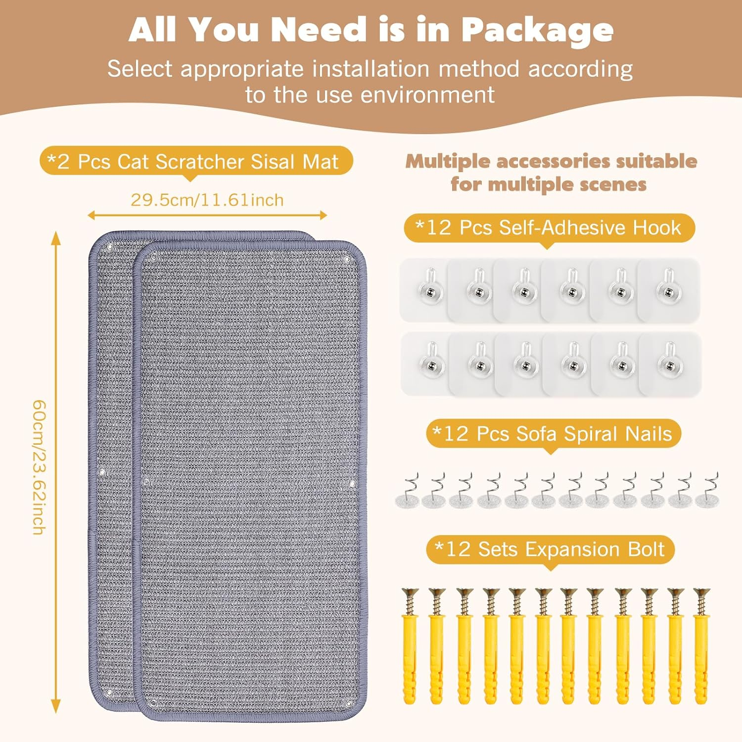 VABNEER Sisal Scratching Mat for Cat Wall Sofa, 60 X 30 Cm, Pack of 2, Grey Sisal Mat, Scratch Rug for Furniture Protection