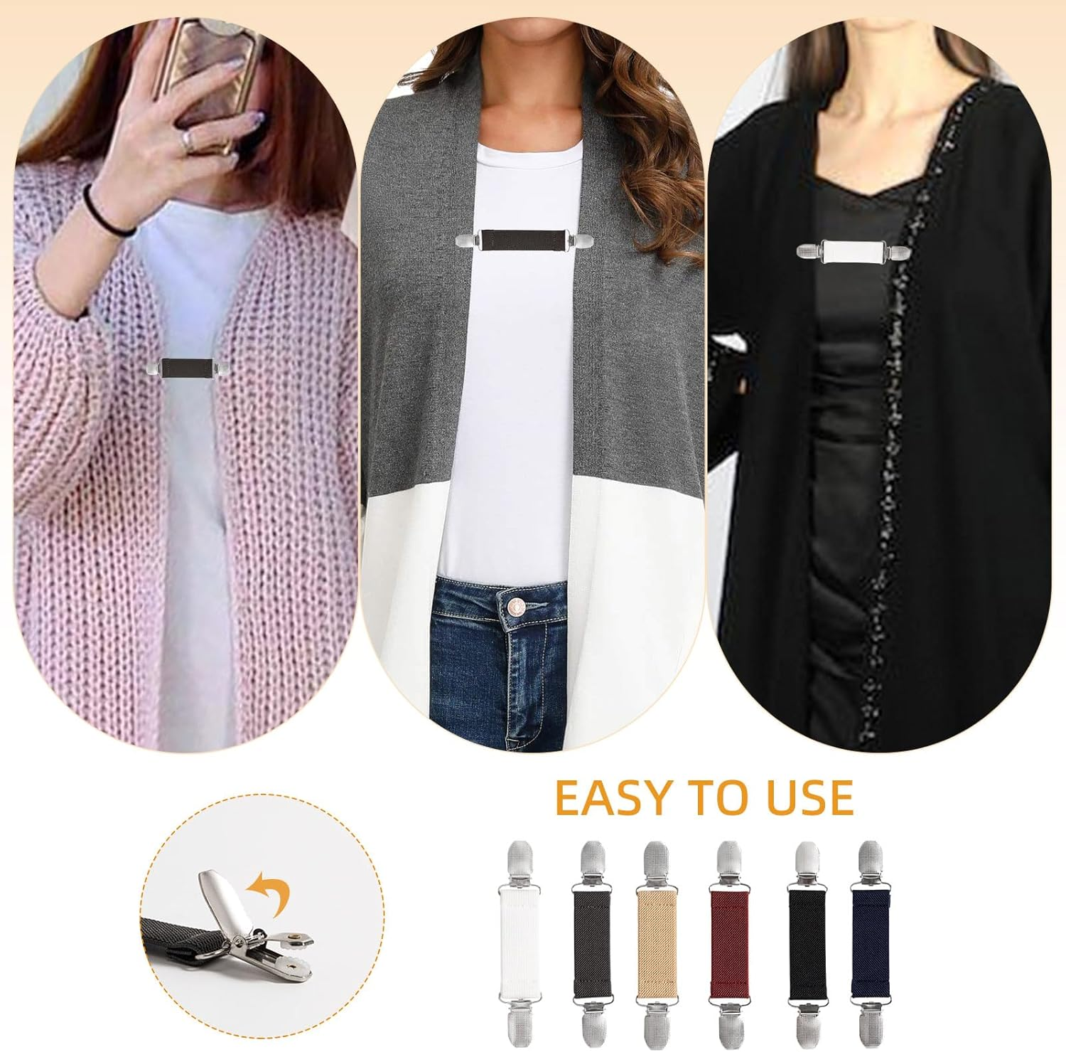 6 Piece Dress Clip Back Cinch Set - 5.5Inch Scarf, Sweater, Clothes, Shawl, Retro Cardigan Collar, Travel Hat Clips - Dress Shirt Brooch for Women Girl Decor (Black, White) image number 5